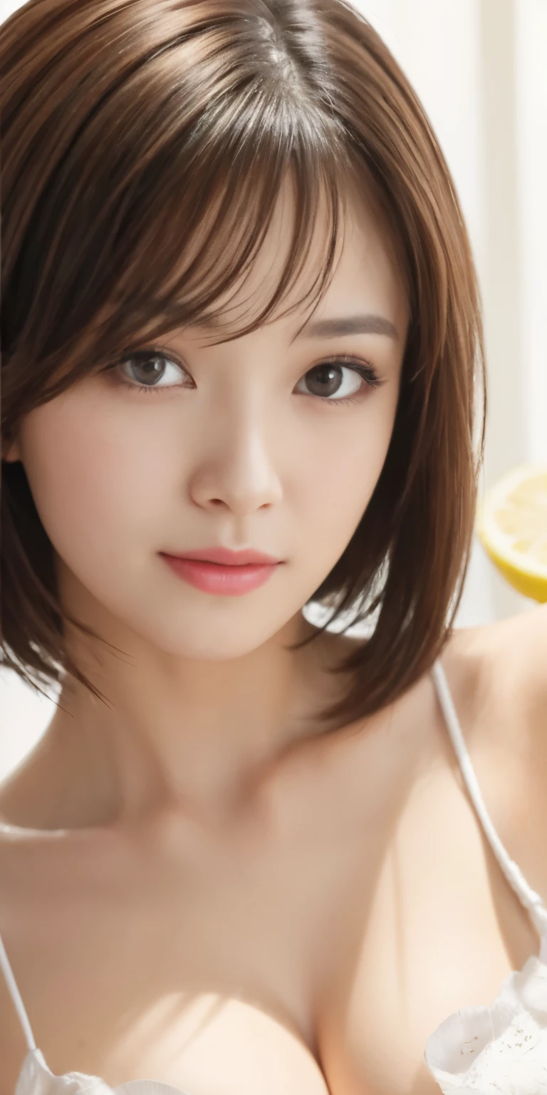 masterpiece、highest quality、High resolution、table top、wallpaper、realistic、bright lighting、professional lighting、face light、smooth lighting、japanese woman、adult、Beautiful woman、action、gravure、sexy、poor、super beautiful、beautiful skin、beautiful and detailed eyes、detailed face、slim、moderately、short hair、brunette colored hair、brown eyes、look at the camera、i have lemon、cleavage
