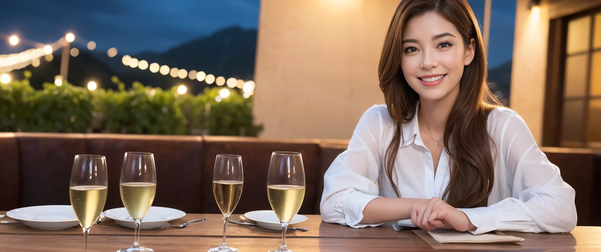 (including 64k, nffsw, highest quality, table top: 1.2), (realistic, photorealistic: 1.37), Spectacular view of the sunset sky and clouds、Amazing mountain views、long sleeve shirt、winter fashion、Columbia、Brazilian、Japanese、Dutch、German、Portuguese、Belgian、Italian、French,Champagne、sparkling wine、 (slimフェイス), (slimボティ), (brown hair), (shortcut), neat beauty、cheeks turn a little red, (42 years old), 40 years old, alone, 窓の外には美しく緻密なnight景が広がります., restaurant, wine glassが座っている, nightに, in a prominent place (from the Upper body) nova frog style, actress, model, Upper body, White wine, slim, wine glass, Super Clean night View, wine glass Put in the Middle, Happy smile, (smile: 1.15), beautiful and detailed eyes, Upper body, bust japan up, night, short, short, actress, model, Upper body, White wine, slim, wine glass, Super Clean night View, wine glass Put in the Middle, Happy smile,