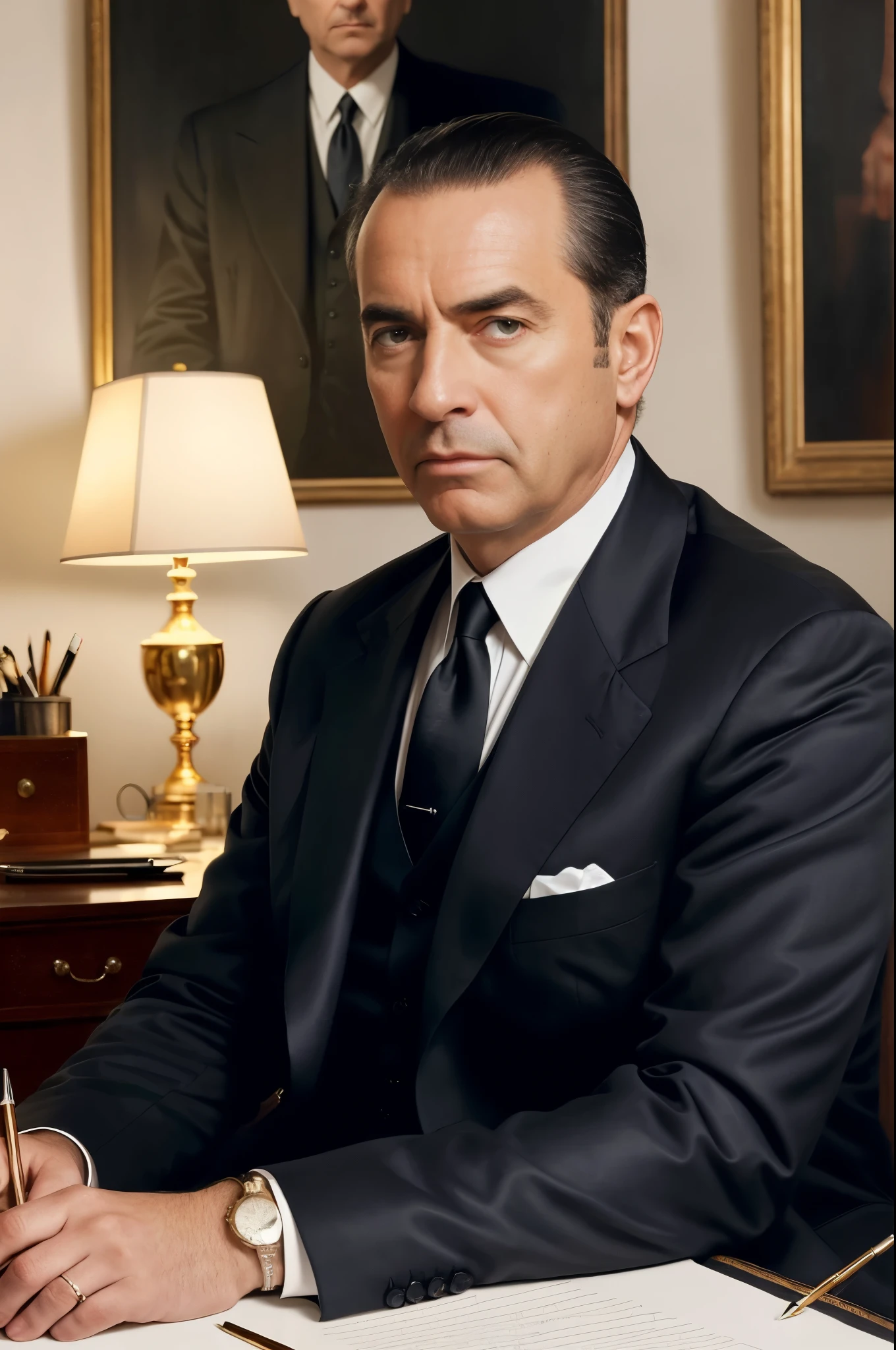 Man in suit sitting at a desk with pen and paper, Don Draper, Rowan Atkinson, en su traje, por john el gato, en traje estricto, retrato de un hombre con traje, Gary Montalbano, en un traje estricto, oficial, negocio serio, imagen promocional, JOHN, Steven Meisel, inspirado por George Bogart