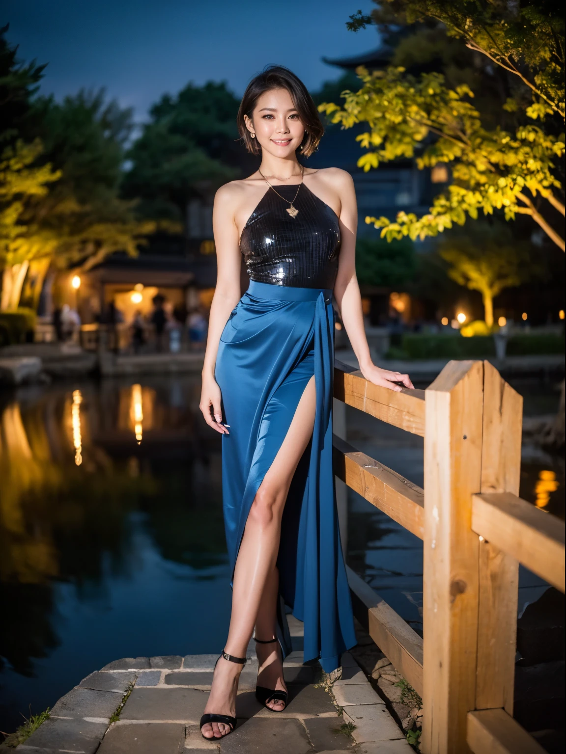 (RAW photo:1.2), (realistic:1.4),beautiful detailed woman,非常にfine eyesと顔, fine eyes, Super detailed,High resolution, very detailed,highest quality,enlightenment,unified,8k wallpaper,masterpiece,highest quality,1 female,alone,rich,Full body Esbian,Slightly chubby body type,Toned figure,There'leg meat,slim waist,alone、(long dress with silver sequins,high heels),jewelry necklace short hair,gentle smile,dignified atmosphere,black eye,realistic,Suzhou Garden , (night garden:1.1)