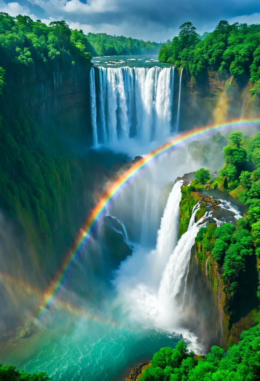 There is a rainbow above the waterfall，There is also a rainbow in the sky々Nice scenery, floating waterfall, largest river, rainbow colored waterfall waterfall, huge waterfall, stunning landscape pictures, huge waterfall, Stunning and epic visual effects, endless waterfalls, multiple waterfalls, Rainbow River Falls, waterfalls and lakes, stunning waterfall, beautiful nature, magnificent and wonderful