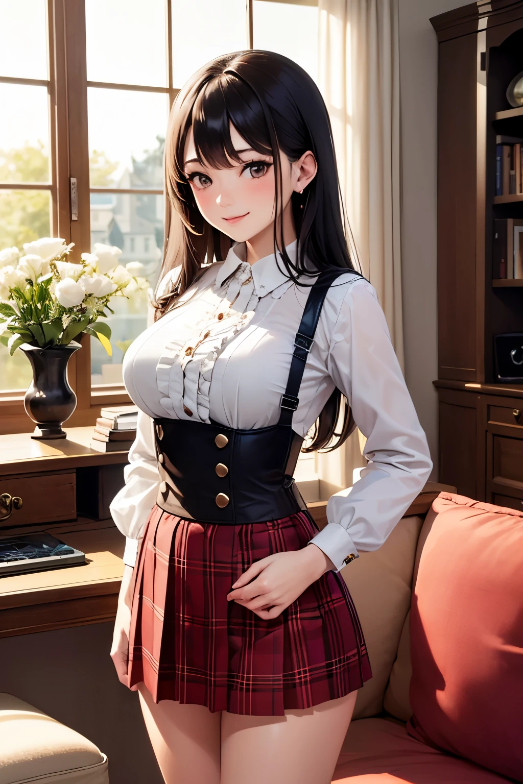 very cute and beautiful girl,(highly detailed beautiful face),(smile),blush,cowboy shot, (white blouse with detailed frills),long sleeve BREAK standing,skirt lift,(white panties), hair ribbon,black hair,(scarlet plaid mini skirt) BREAK antique living room,flowers in vase,wooden desk,(bookshelf:0.9),jewelry box,european carpet,distant trees, (best quality,masterpiece:1.2),absurdres,highres,ultra-detailed,extremely detailed,32k,8k resolution, intricate details,cinematic scene,detailed background,solo,dynamic angle,