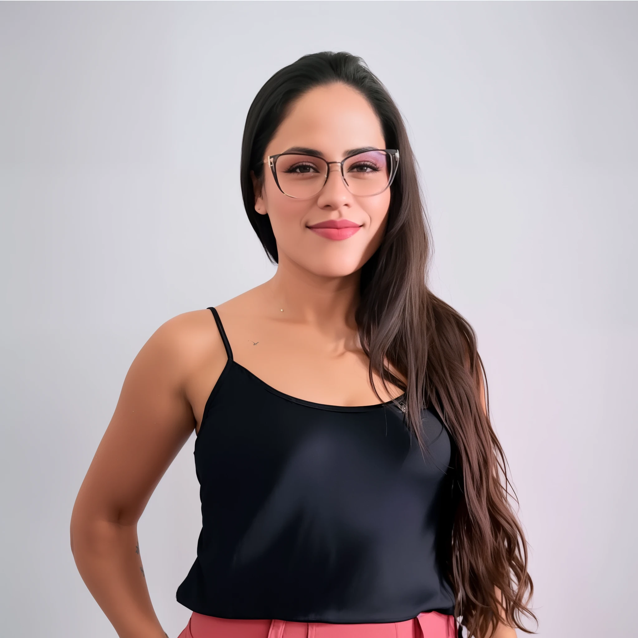 Arafa woman in a black blouse and pink pants posing for a photo, she is wearing a black blouse, vestindo uma regata preta cortada, vestindo roupa de camisola preta, vestindo uma camisola and shorts, vestindo uma blusa preta cropped, Alanis Guillen, vestindo uma camisola, lorena avarez, fernanda suarez