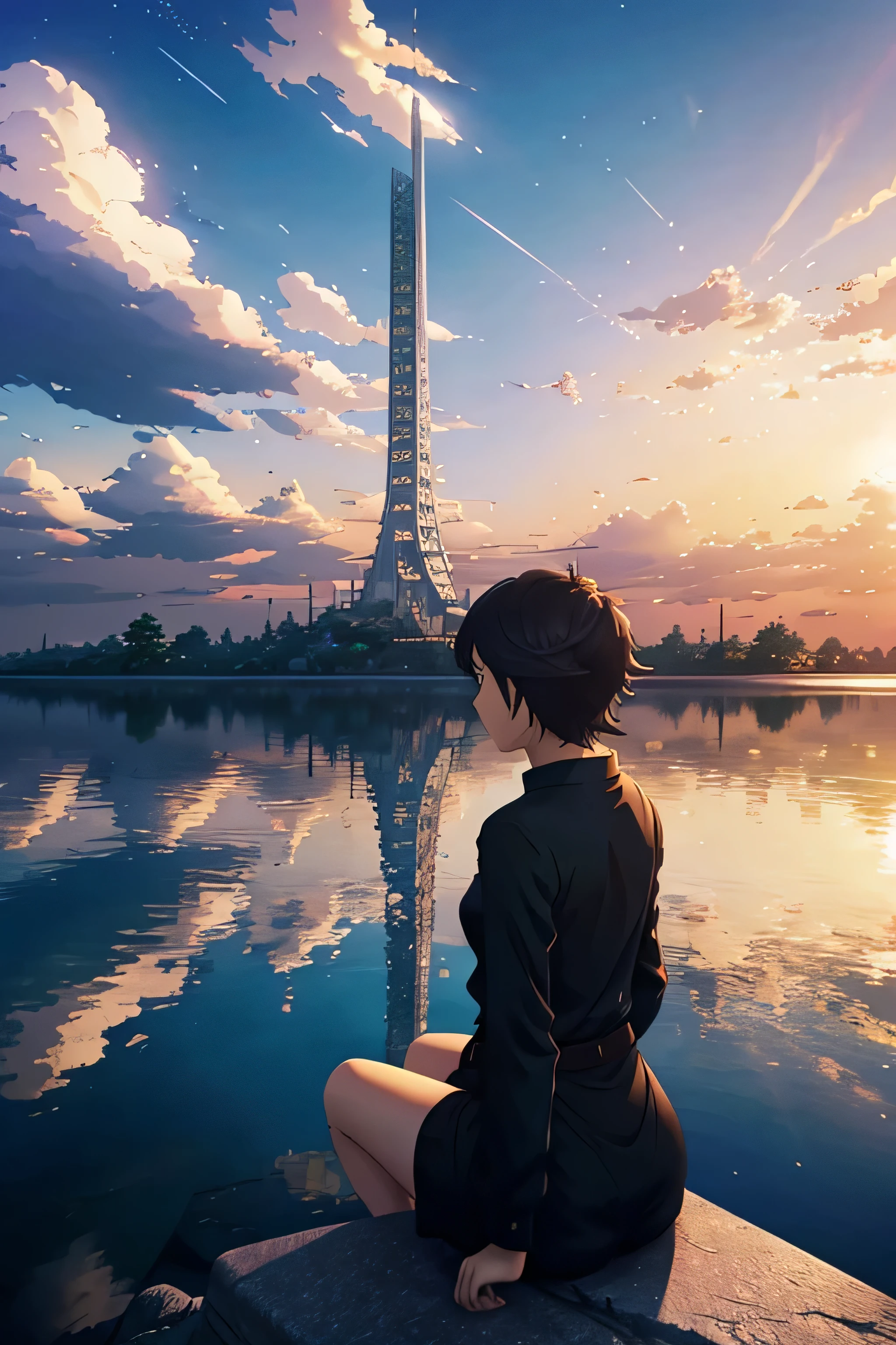 Anime girl sits on a stone and looks at the sky,The sky-piercing tower is far away, far, Makoto Shinkai cyril rolando, Anime Art Wallpaper 4K, Anime Art Wallpaper 4K, Cyril Rolando and Goro Fujita, Anime Art Wallpaper 8K, 4k anime wallpaper, anime wallpaper 4k, anime wallpaper 4k, ( ( Makoto Shinkai ) ), Makoto Shinkai!