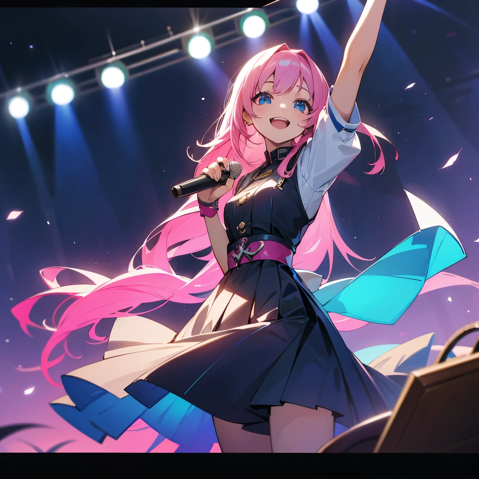 highest quality、Idol、pink long hair、16 years old、smile、singing a song