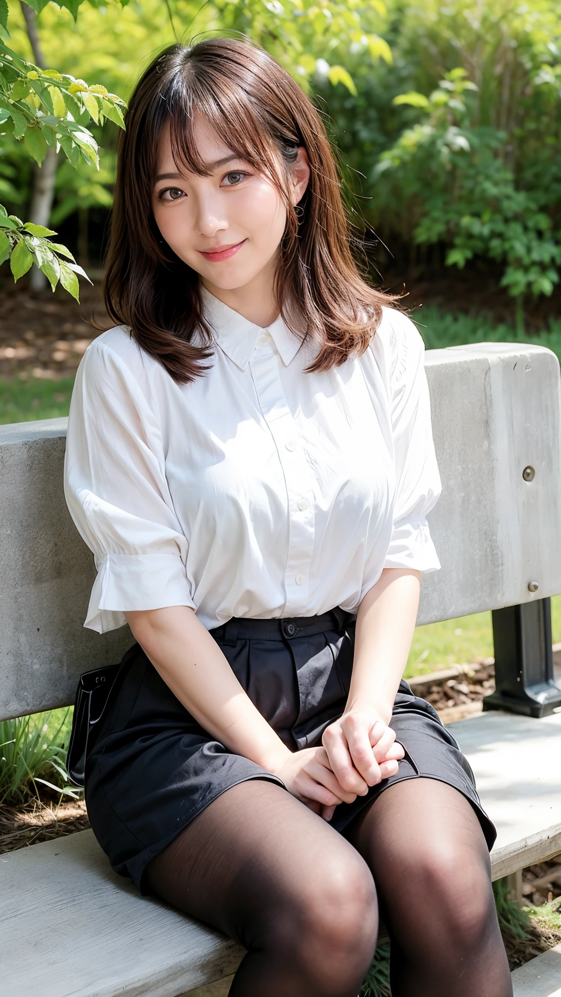 ulzzang-6500-v1.1, (highest quality: 1.3), (masterpiece: 1.3), (super detailed: 1.3), (genuine:1.4), (muste piece), 1woman、spring sunshine、sunshine、quiet park bench、spring fashion、Wearing ultra-realistic pantyhose、amazingly beautiful woman、gentle smile、Premonition of romantic love、Uplifting、are having fun、full of joy、lots of fun、