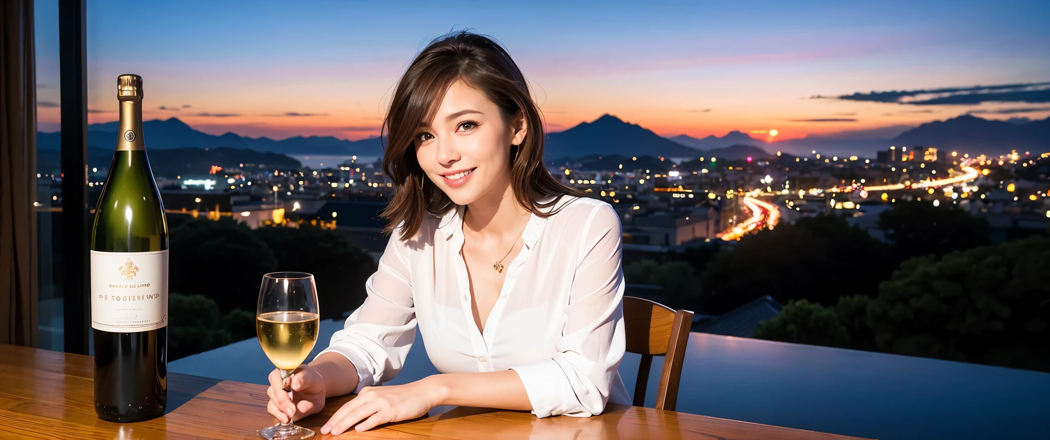 (including 64k, nffsw, highest quality, table top: 1.2), (realistic, photorealistic: 1.37), Spectacular view of the sunset sky and clouds、Amazing mountain views、long sleeve shirt、winter fashion、Columbia、Brazilian、Japanese、Dutch、German、Portuguese、Belgian、Italian、French,Champagne、sparkling wine、 (slimフェイス), (slimボティ), (brown hair), (shortcut), neat beauty、cheeks turn a little red, (42 years old), 40 years old, alone, 窓の外には美しく緻密なnight景が広がります., restaurant, wine glassが座っている, nightに, in a prominent place (from the Upper body) nova frog style, actress, model, Upper body, White wine, slim, wine glass, Super Clean night View, wine glass Put in the Middle, Happy smile, (smile: 1.15), beautiful and detailed eyes, Upper body, bust japan up, night, short, short, actress, model, Upper body, White wine, slim, wine glass, Super Clean night View, wine glass Put in the Middle, Happy smile,