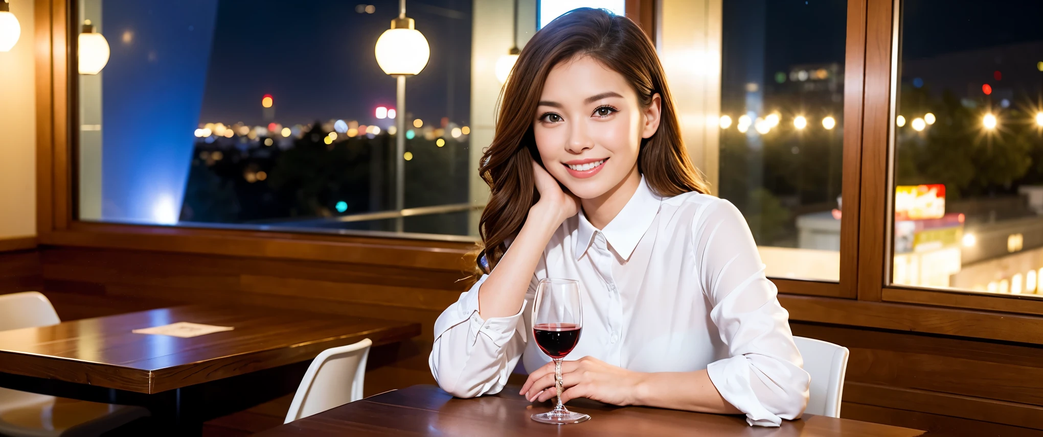 (including 64k, nffsw, highest quality, table top: 1.2), (realistic, photorealistic: 1.37), Spectacular view of the sunset sky and clouds、Amazing mountain views、long sleeve shirt、winter fashion、Columbia、Brazilian、Japanese、Dutch、German、Portuguese、Belgian、Italian、French,Champagne、sparkling wine、 (slimフェイス), (slimボティ), (brown hair), (shortcut), neat beauty、cheeks turn a little red, (42 years old), 40 years old, alone, 窓の外には美しく緻密なnight景が広がります., restaurant, wine glassが座っている, nightに, in a prominent place (from the Upper body) nova frog style, actress, model, Upper body, White wine, slim, wine glass, Super Clean night View, wine glass Put in the Middle, Happy smile, (smile: 1.15), beautiful and detailed eyes, Upper body, bust japan up, night, short, short, actress, model, Upper body, White wine, slim, wine glass, Super Clean night View, wine glass Put in the Middle, Happy smile,
