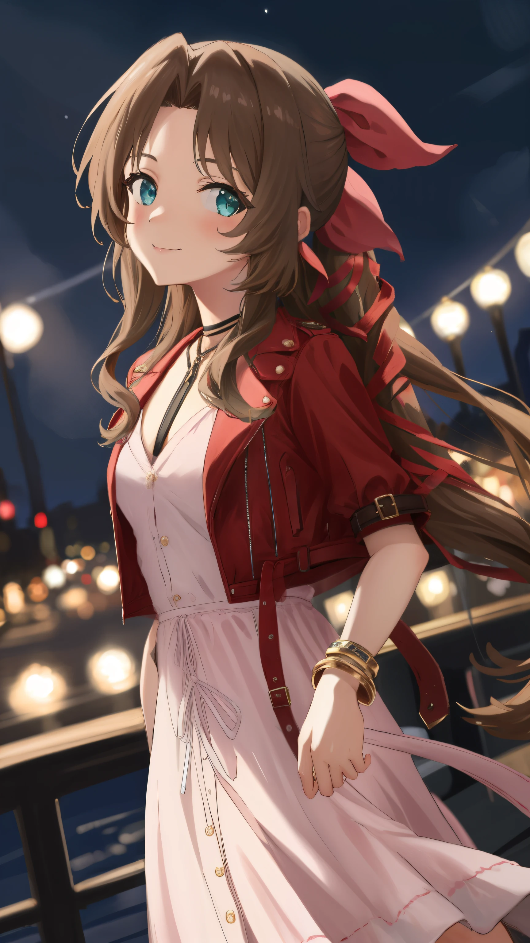 masterpiece, highest quality, Aerith Gainsbourg, choker, cropped jacket, hair ribbon, bracelet, pink dress, looking at the viewer, smile,  night sky