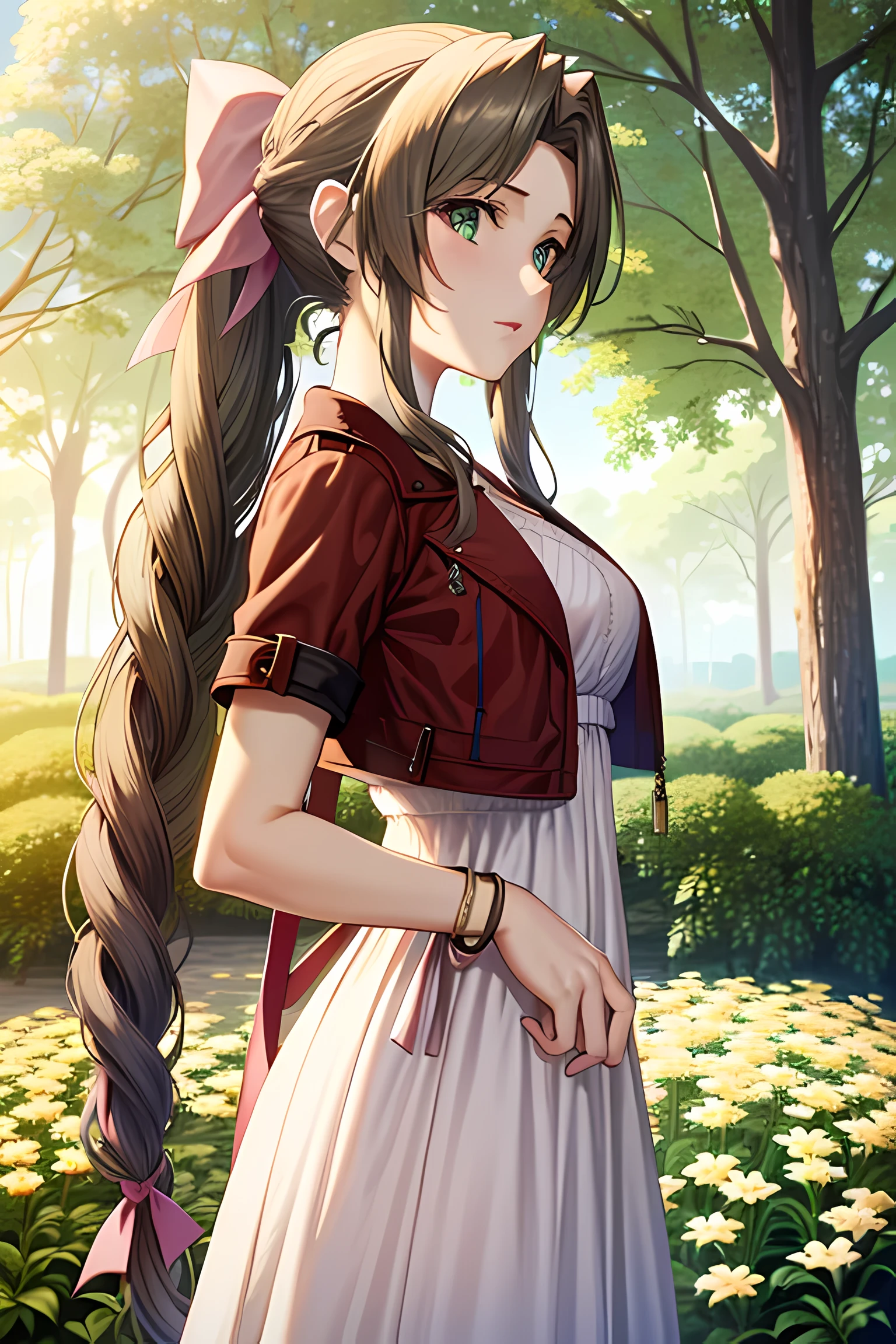 (masterpiece, best quality)
AerithFF7, 1girl, solo, long hair, breasts, looking at viewer, large breasts, brown hair, dress, bow, ribbon, jewelry, medium breasts, green eyes, jacket, hair ribbon, braid, flower, short sleeves, hair bow, sidelocks, parted lips, open clothes, bracelet, from side, open jacket, lips, depth of field, white flower, pink dress, red jacket, cropped jacket, braided ponytail, realistic, nose, dappled sunlight
