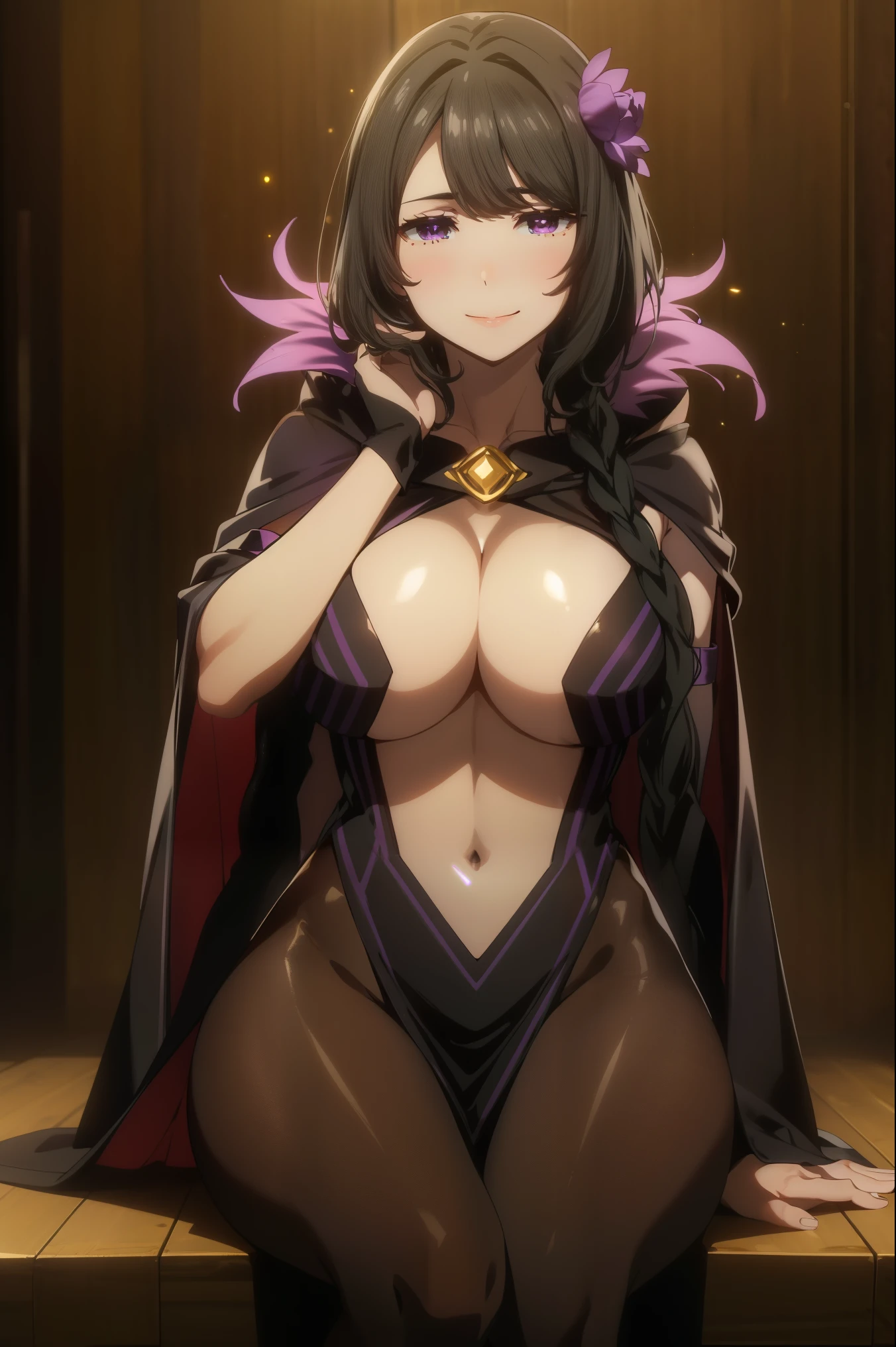 Spot light,(glowing:1.4) ,seductive smile ,Sitting, perfect anatomy,Slender, glistening skin, pale skin ,slim thighs,slender thighs,purple flower,shiny skin,detailed eye,detailed face,hair flower,bangs,purple eyes,Braid,compensate,eyelash,hair on shoulders,black hair,fur trim cape,fur trim,revealing clothes,midium breasts,black dress,strapless dress,side slit,central opening,cleavage,belly button,bridal gauntlet,removed sleeve,brown color pantyhose , exquisite visuals, High resolution,masterpiece,Highest quality,, 18-year-old,young woman,perfect eyes, perfect face,expressive eyes,
official art,Highly detailed CG Unity 8k wallpaper, perfect lighting,colorful, bright_front_face_lit,shiny skin, 
(masterpiece:1.0),(Highest_quality:1.0), High resolution,4k,super detailed,
photograph, 8k, HDR, High resolution, disorganized:1.2, kodak portrait 400, film grain, blurred background, Bokeh:1.2, Lens flare, (lively_color:1.2), (beautiful_face:1.5),(narrow_waist), 