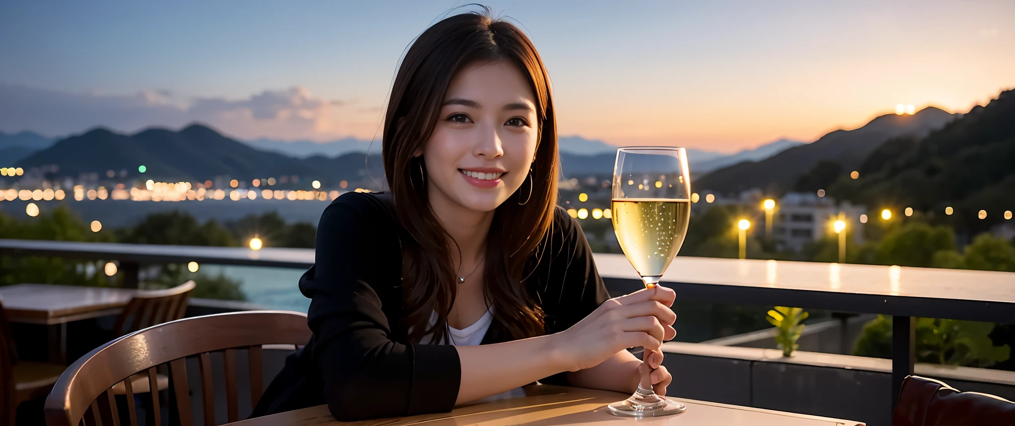 ((Highest quality、8K、masterpiece:1.3))、Shortcuts、cute、slimカップル、modelカップル、actress男優、(Realistic, Intricate details:1.2), full-course dinner、Wine Party、Amazing view of the sunset sky and clouds、A bright smile、short hair,Bright Face、 (Age 45), 42 years old, red wine 、Appetizers、Italian food、Wine bottle、Champagne、sparkling wine、Two beauties、Brown Hair、Shortcuts、Long sleeve shirt、dress、Beautiful woman 1, (slimな顔), (The body is slim), (Brown Hair), (Shortcuts), cheeks turn a little red,Attractive beauty、restaurant, In a prominent place (From the waist up) Nova Frog Style, actress, model, Upper Body, White wine, slim, wine glass, 中央に置かれたwine glass, smile, (smile: 1.15), Beautiful fine grain, Depth f/2,saturation, High Contrast, Strong light and shadow,Moist Body:1.5、3D texture、Delicate eyes、Brown Hair、The hair is very shiny、