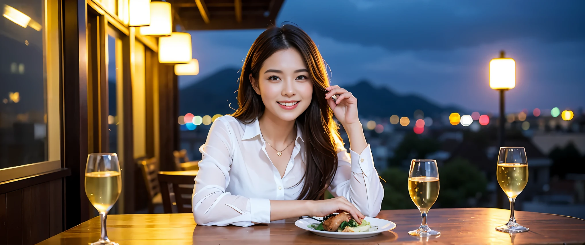 (including 64k, nffsw, highest quality, table top: 1.2), (realistic, photorealistic: 1.37), Spectacular view of the sunset sky and clouds、Amazing mountain views、long sleeve shirt、winter fashion、Columbia、Brazilian、Japanese、Dutch、German、Portuguese、Belgian、Italian、French,Champagne、sparkling wine、 (slimフェイス), (slimボティ), (brown hair), (shortcut), neat beauty、cheeks turn a little red, (42 years old), 40 years old, alone, 窓の外には美しく緻密なnight景が広がります., restaurant, wine glassが座っている, nightに, in a prominent place (from the Upper body) nova frog style, actress, model, Upper body, White wine, slim, wine glass, Super Clean night View, wine glass Put in the Middle, Happy smile, (smile: 1.15), beautiful and detailed eyes, Upper body, bust japan up, night, short, short, actress, model, Upper body, White wine, slim, wine glass, Super Clean night View, wine glass Put in the Middle, Happy smile,