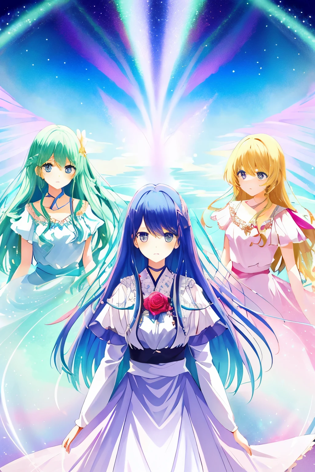 In the ethereal realm of Sky Dream Drop Distance, three ethereal maidens, Lilith, Kaede, and Alice, gracefully float amidst the vibrant clouds. Their ephemeral forms, illustrated by the masterful Kazuma Kotoko, radiate an aura of enchanting beauty.
Lilith's enchanting visage boasts luminous sapphire eyes, which transfix those who gaze upon them. Her cascading, aurora-hued hair billows gently in the celestial breeze, framing her refined features and delicate, rose-tinted cheeks. Her ethereal attire shimmers with iridescent fibers,