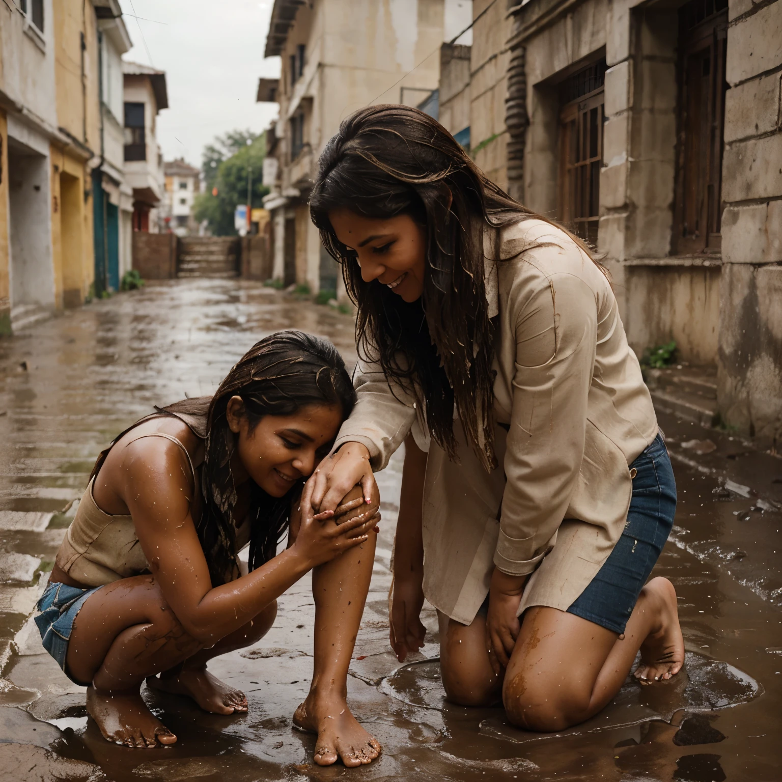 cute blonde homeless girl bowing her head down to the feet of a rich beautiful indian woman, pressing her head against her feet, indian woman laughing, muddy wet stone pavement, modern road,city background,empty road,cloudy weather.