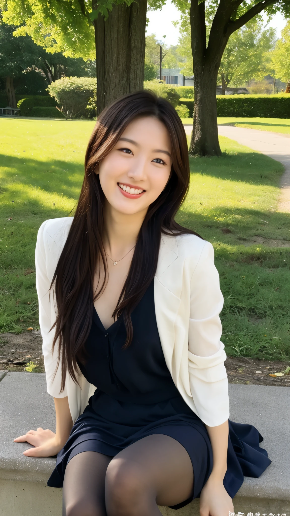 ulzzang-6500-v1.1, (highest quality: 1.3), (masterpiece: 1.3), (super detailed: 1.3), (genuine:1.4), (muste piece), 1woman、spring sunshine、sunshine、quiet park bench、spring fashion、Wearing ultra-realistic pantyhose、amazingly beautiful woman、gentle smile、Premonition of romantic love、Uplifting、are having fun、full of joy、lots of fun、