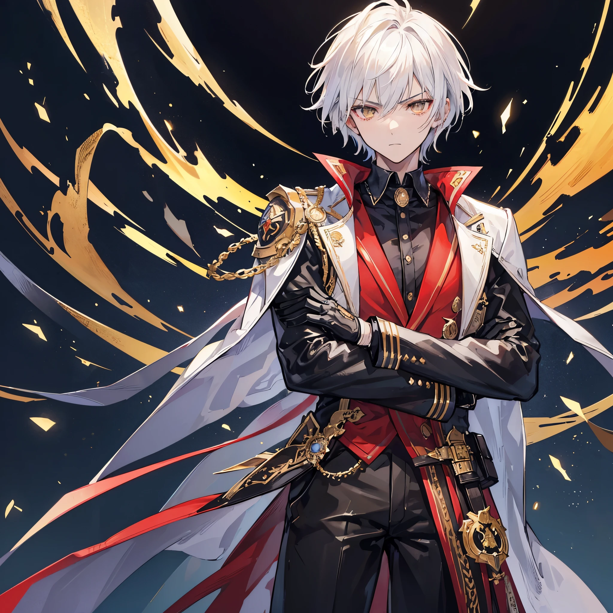 Handsome male, 1male, 17 years old, teenager, golden lining, short white hair, sharp eyes, gold eyes, devil may cry, close up, calm expression, stoic, black leather clothes, black gloves, crossed arms, upper body, looking at viewer, cowboy shot, black dragon background