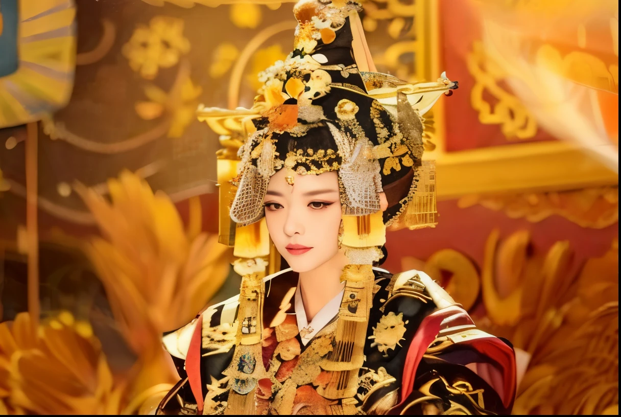Close up of woman wearing black and gold clothing, beautiful fantasy queen, Queen of China, Beautiful renderings of the Tang Dynasty, Ancient Chinese princess, ((beautiful fantasy queen)), Tang Dynasty, ancient asian dynasty princess, ancient chinese beauties, Intricate golden headdress, chinese princess, ancient chinese goddess, Wearing ancient Chinese clothing, dress up as emperor, traditional Chinese