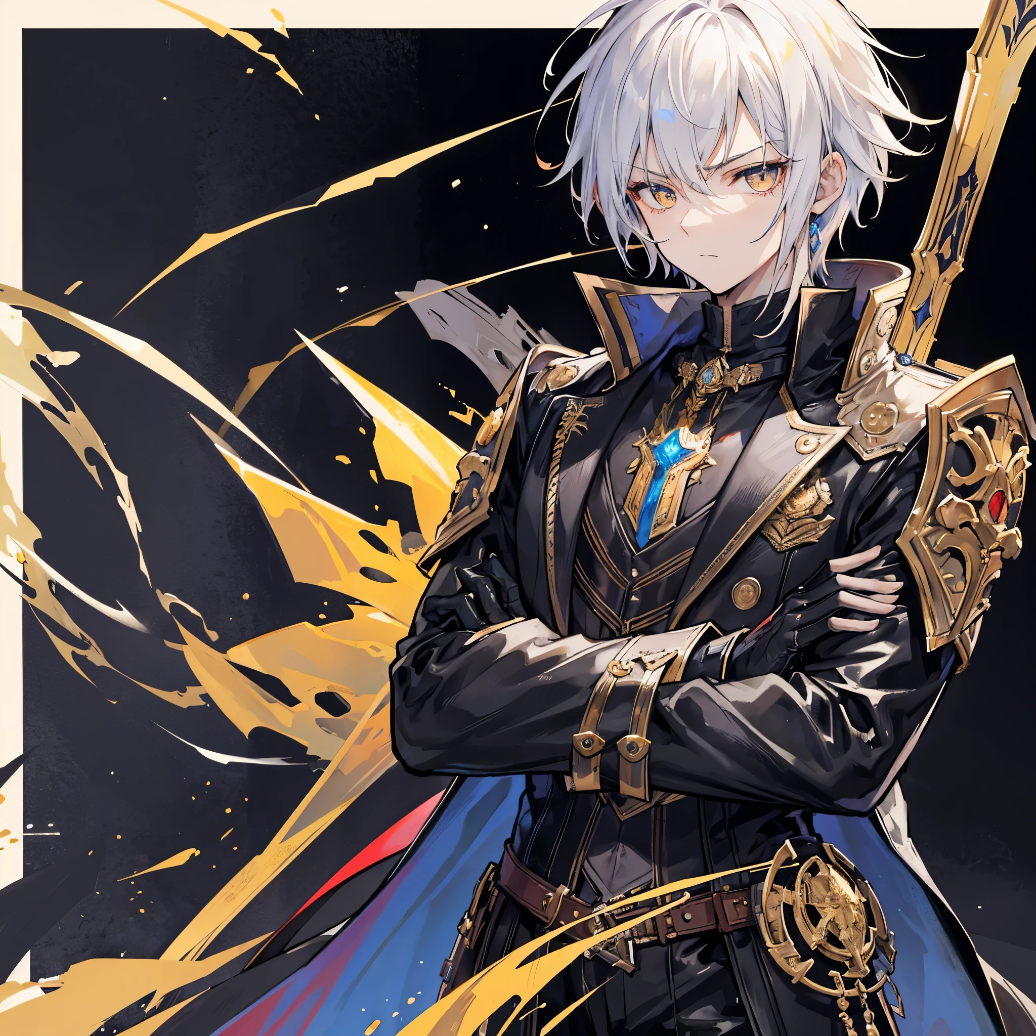 Handsome male, 1male, 17 years old, teenager, golden lining, short white hair, sharp eyes, gold eyes, devil may cry, close up, calm expression, stoic, black leather clothes, black gloves, crossed arms, upper body, looking at viewer, cowboy shot, black dragon background