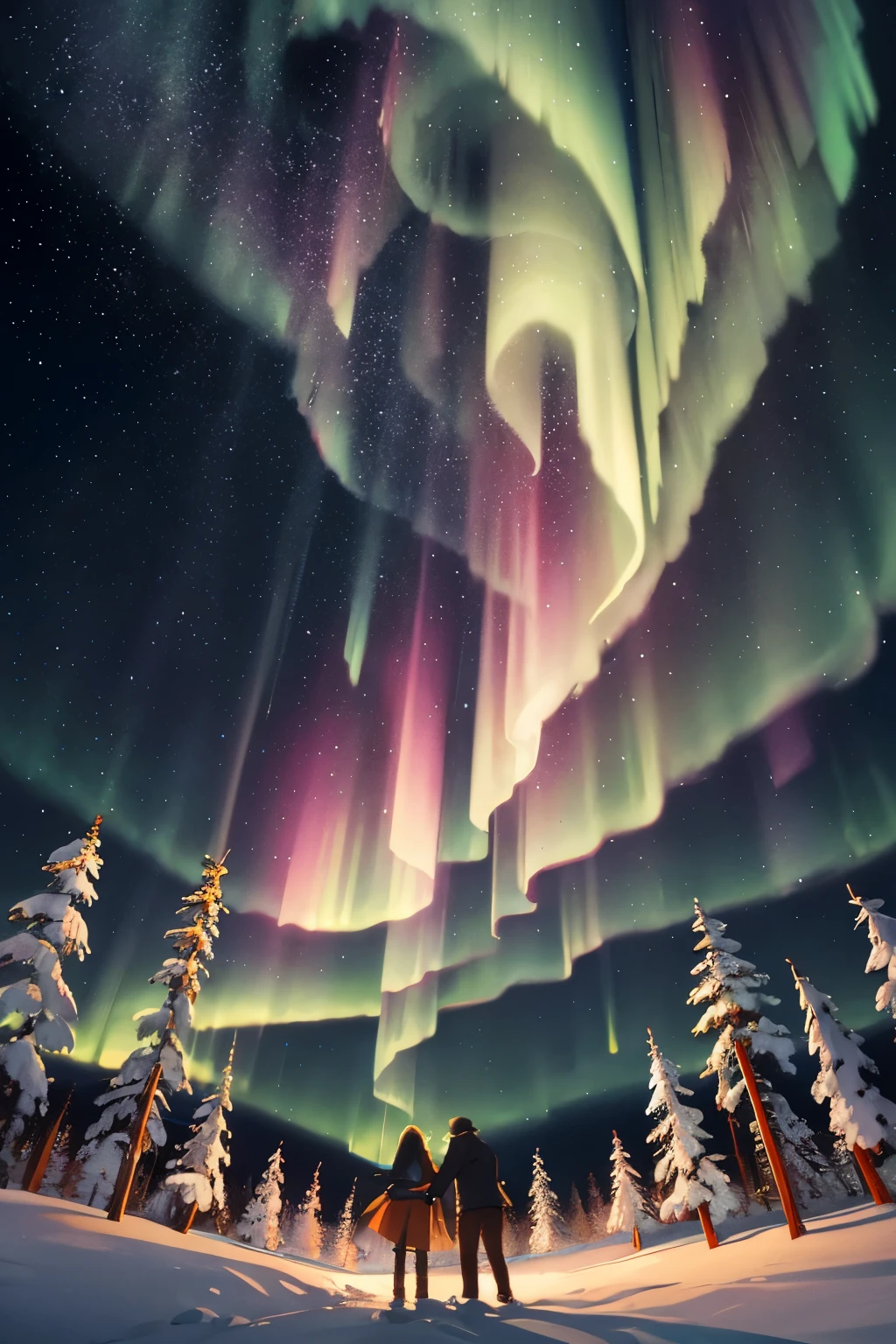 Masterpiece illustration of the Northern Lights explosion in all its breathtaking splendor. Ultra-detailed and hyper-realistic depiction of colorful aurora bands dancing in the night sky. Shimmering shades of green, pink, and purple illuminating the dark canvas, creating a surreal and awe-inspiring scene. Delicate swirling patterns cascade down from the heavens, lighting up the forest below. The scenery is set against an inky black background, enhancing the intensity of the natural phenomenon. Painted with sharp focus and high resolution, the fine details of every twisting and turning aurora ribbon are emphasized. The scene is inspired by the work