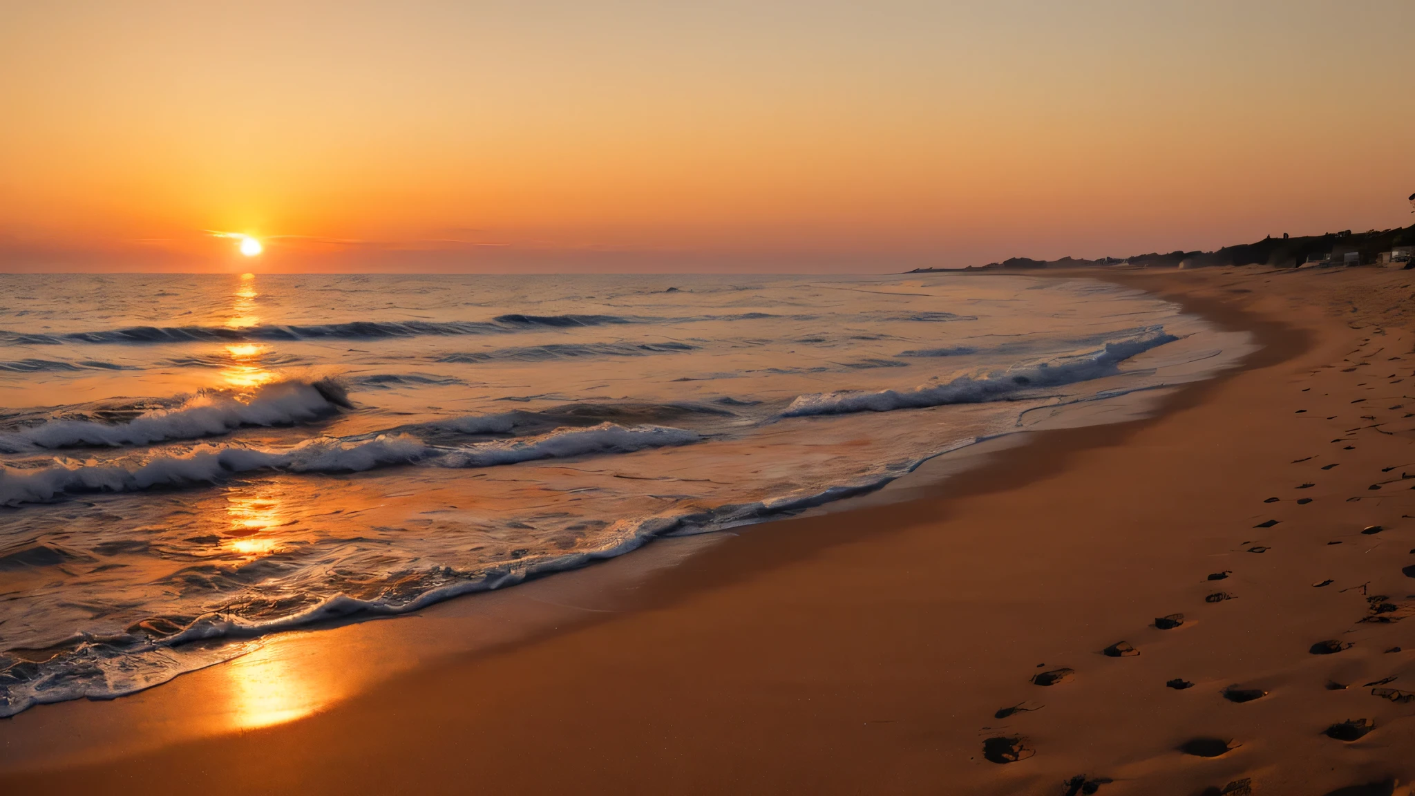 Une plage au coucher du soleil, with warm colors dominating and a slight breeze lifting its coat.