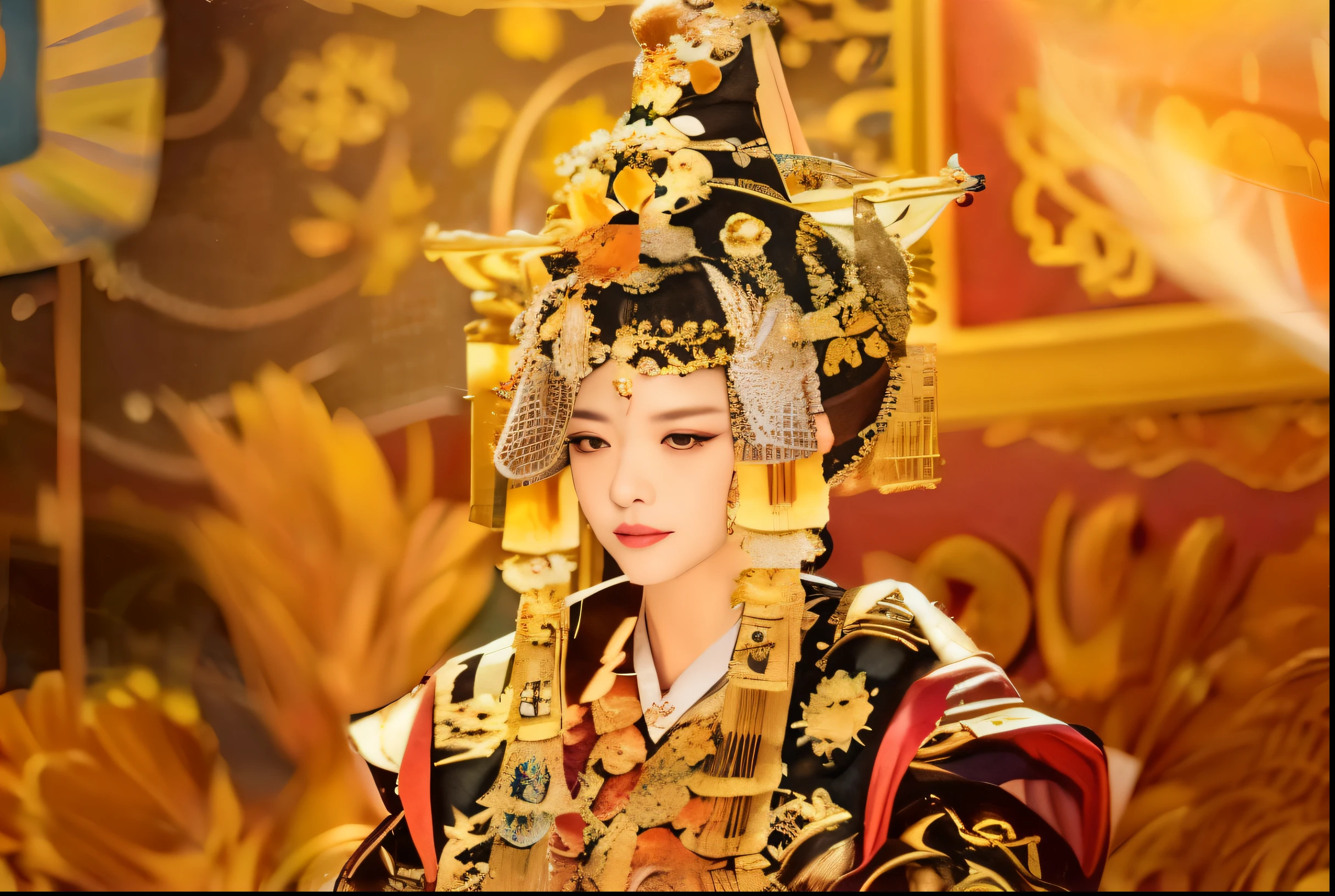 Close-up of woman wearing black and gold clothes, beautiful fantasy queen, queen of china, Beautiful renderings of the Tang Dynasty, Ancient Chinese princess, ((beautiful fantasy queen)), Tang Dynasty, ancient asian dynasty princess, ancient chinese beauties, delicate gold headpiece, chinese princess, ancient chinese goddess, Wearing ancient Chinese clothing, dress up as emperor, traditional Chinese