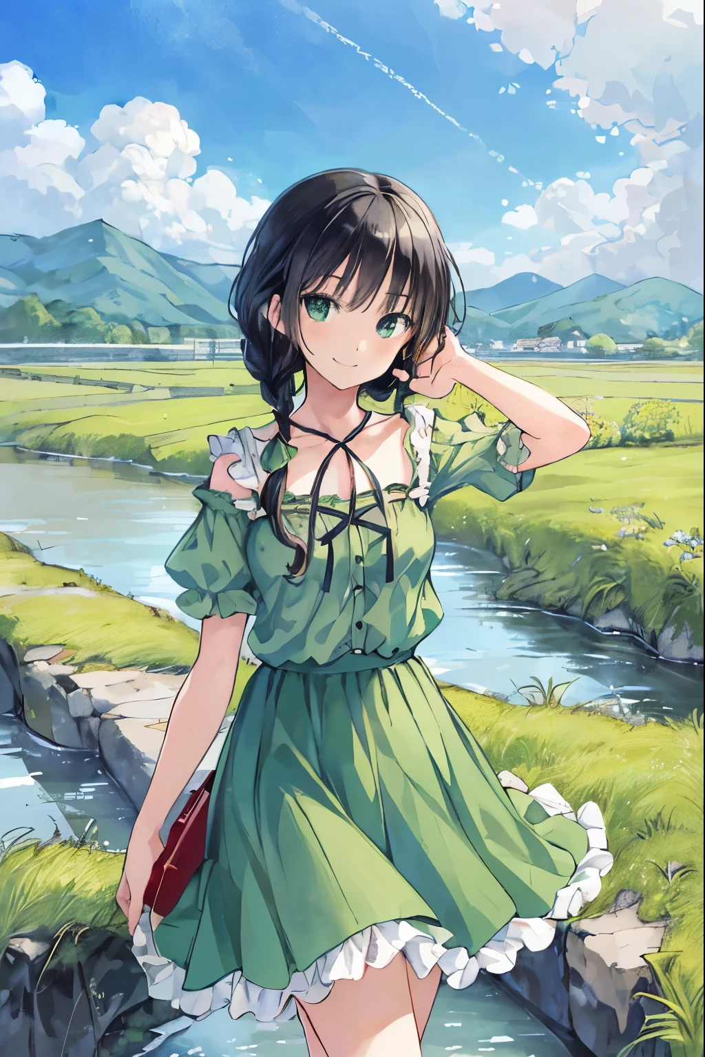 highest quality, masterpiece, ultra high resolution, 8k, summer sky, early summer, (((green ruffle tops, green long skirt, high heels)), Show manga style , One, soft line drawing, digital enhancement, Shoujo Manga Touch, Shojo Manga Core, flowing fabric, close, (Hair length: shoulder-length short braids)), wet hair, staring at us from the front, soft drawing, beautiful black hair, clear eyes, (a teasing smile)), Super detailed digital anime art, clear facial depiction, Super detailed girl manga character art, Super detailed manga style, highest qualityの色, Teburi, landscape with nature, look up at the sky, Angle where you can see all the way to your feet