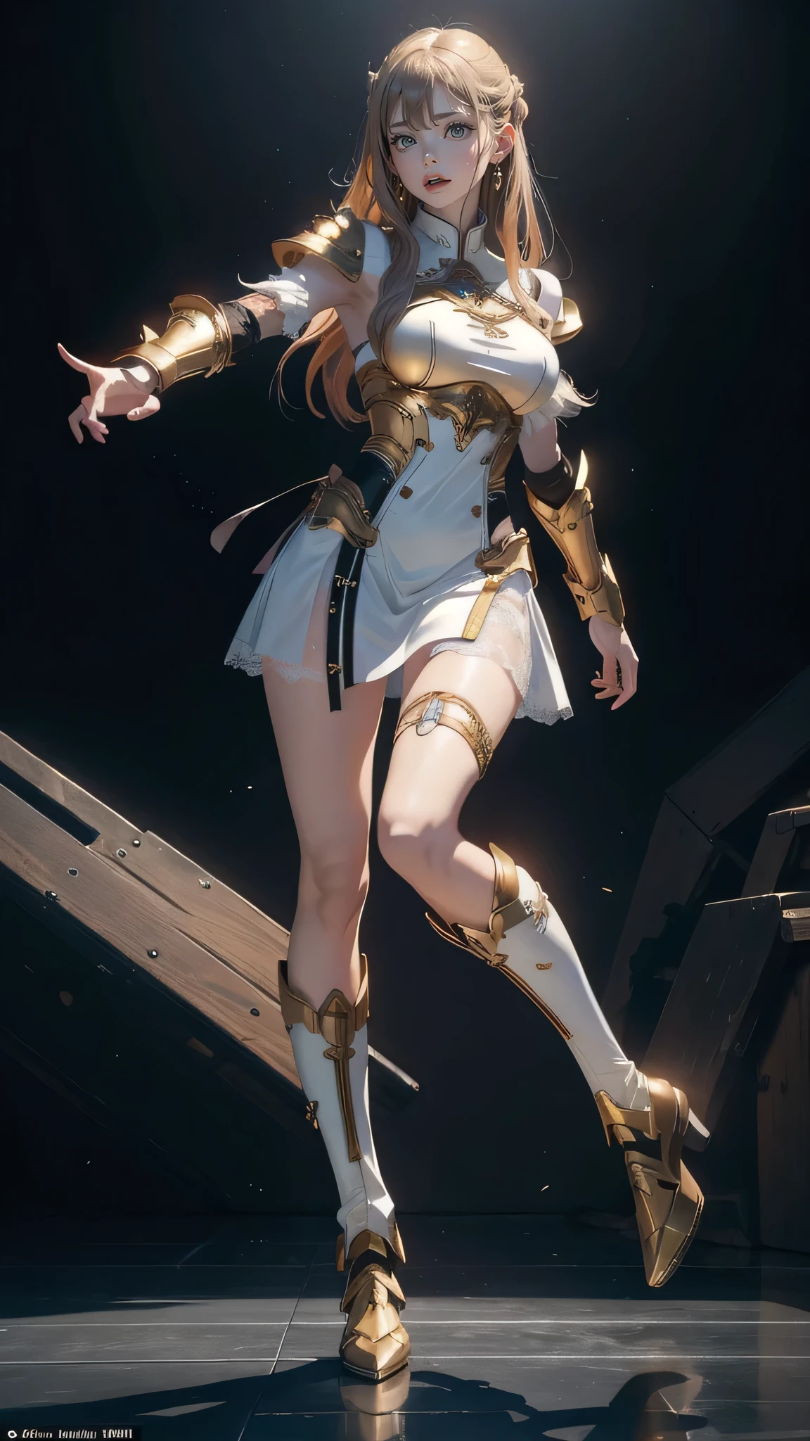 (random fighting pose:1.5),(movie-like scene,fantasy art,best image quality,(8k),Super realistic,最high quality,high quality,High resolution,high qualityな質感,high detail,beautiful,Detailed,Highly detailed CG,detailed texture,realistic facial expression,masterpiece,before,dynamic,bold),1 girl,highly detailed skin,curve,,beautiful胸,big breasts,white skin,pointed chest,erect nipples,(thin hair),(soft hair),(ultra straight hair),long flowing bangs,very light coppery amber hair,hair above one eye,(leather boots,(asymmetrical mechanical armor),(long white lace dress with embroidery,See through:1.2))