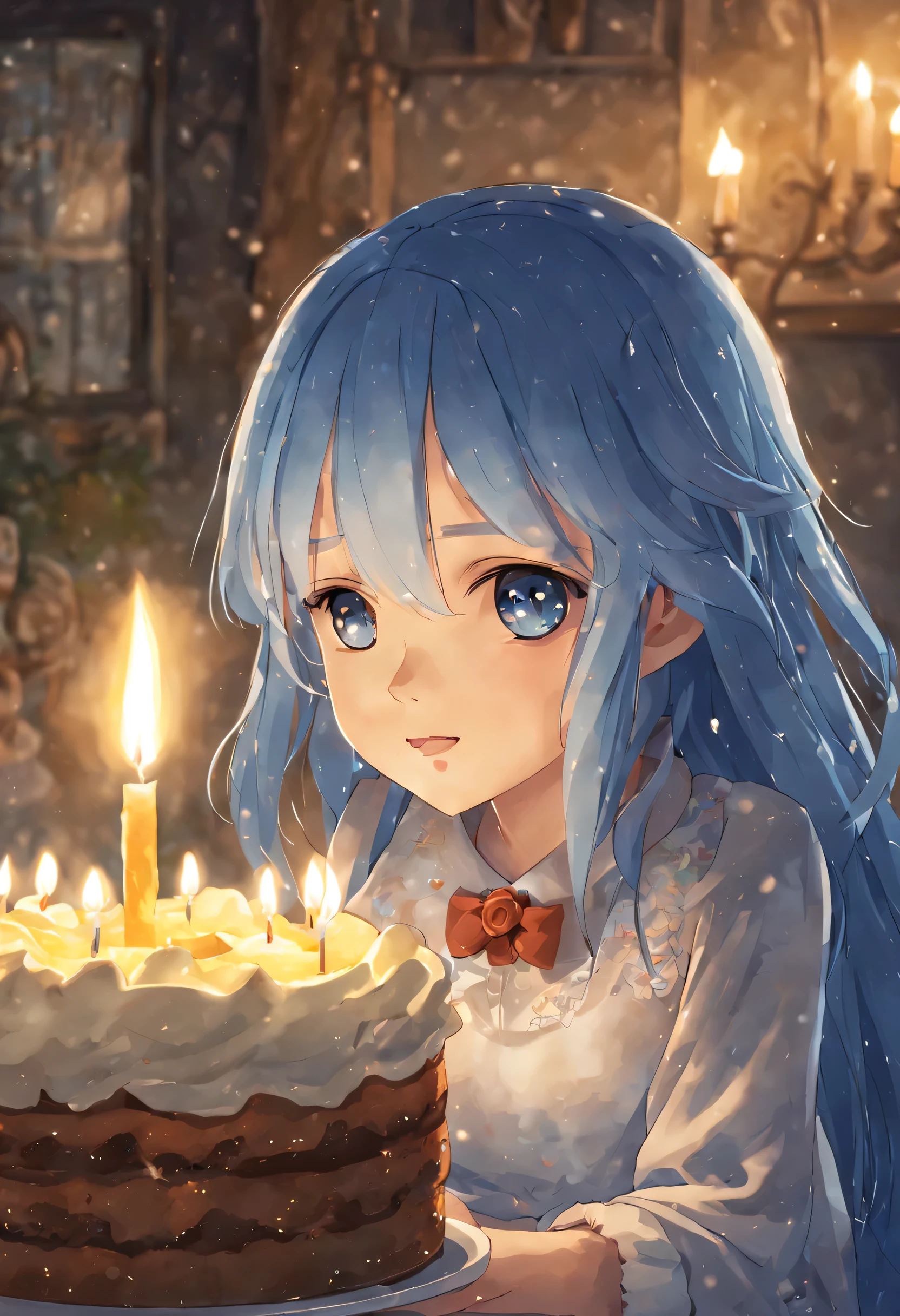 masterpiece, best quality, Anime girl makes a wish on her birthday，Put your hands together and make a wish，Long blue hair，blue eyes，Birthday Cake，candlelight，cozy atmosphere