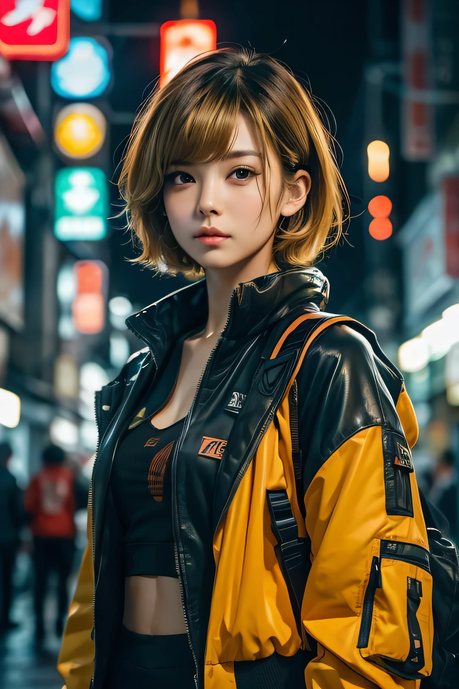 (masterpiece:1.2), Super detailed, ultra high resolution, (realistic, photo realistic:1.37), High-definition RAW color photo, professional photos, highly detailed face, very fine eyes, Very fine skin, very thin fingers, highly detailed nose, highly detailed mouth, perfect anatomy, highly detailed background, (famous japanese actress:1.2), (Improve:1.35), (flat chest), (brown person々, black skin, blonde hair:1.3), (Very short cut hair, curl the inside of the hair), Edgy Girl, dark orange jacket, tech wear, camera, Backpack, white sneakers, dramatic makeup, splicing, sitting outside a convenience store, looking at the street, outdoors, ((at night, dark city)), neon sign, personality, credibility, creative expression, Hong Kong in the 80s,realism, big retro sunglasses,