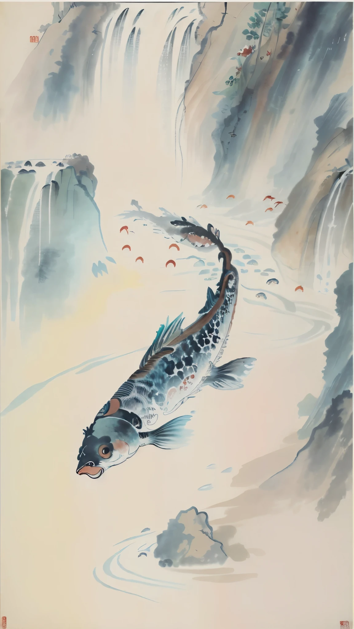 ((4k, masterpiece, highest quality)), 中国の伝統的なink painting, (((魚がWaterfall flowに逆らい泳いでいます:1.9, Whole shot of fish, fish going against the flow of water:1.5))), minimalistic:1.3, Carp waterfall climbing, Entrance to the Gate, (((hanging scroll art))), ink painting, landscape with fish swimming, Waterfall flow, monochrome, 詳細に描かれたink painting, flowing water effect, delicate brush strokes, natural scenery, monochromeアート, ink painting,