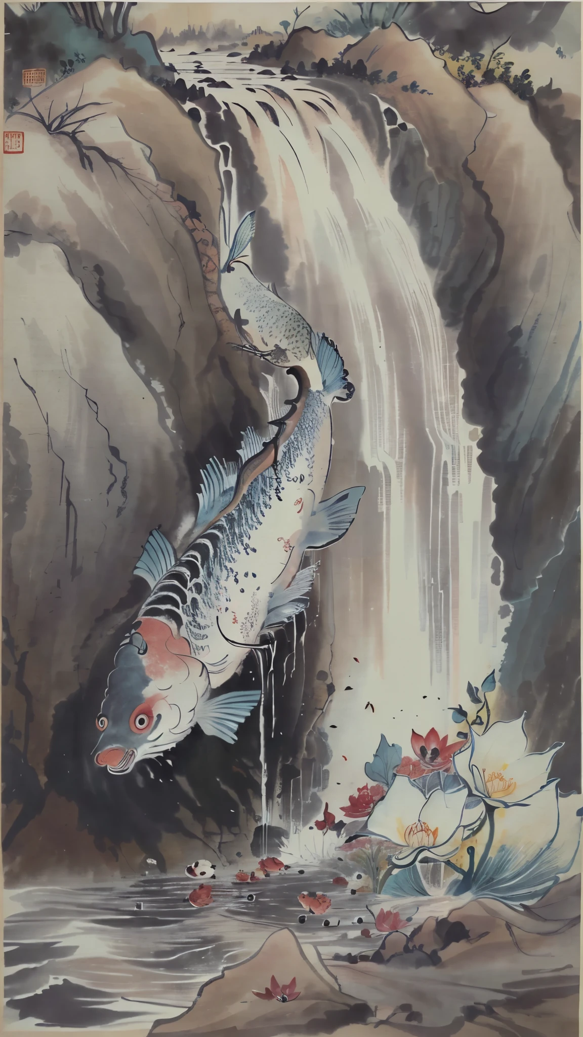 ((4k, masterpiece, highest quality)), 中国の伝統的なink painting, (((魚がWaterfall flowに逆らい泳いでいます:1.9, Whole shot of fish, fish going against the flow of water:1.5))), minimalistic:1.3, Carp waterfall climbing, Entrance to the Gate, (((hanging scroll art))), ink painting, landscape with fish swimming, Waterfall flow, monochrome, 詳細に描かれたink painting, flowing water effect, delicate brush strokes, natural scenery, monochromeアート, ink painting,