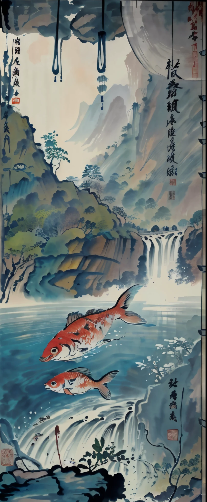 ((4k, masterpiece, highest quality)), 中国の伝統的なink painting, (((魚がWaterfall flowに逆らい泳いでいます:1.9, Whole shot of fish, fish going against the flow of water:1.5))), minimalistic:1.3, Carp waterfall climbing, Entrance to the Gate, (((hanging scroll art))), ink painting, landscape with fish swimming, Waterfall flow, monochrome, 詳細に描かれたink painting, flowing water effect, delicate brush strokes, natural scenery, monochromeアート, ink painting,