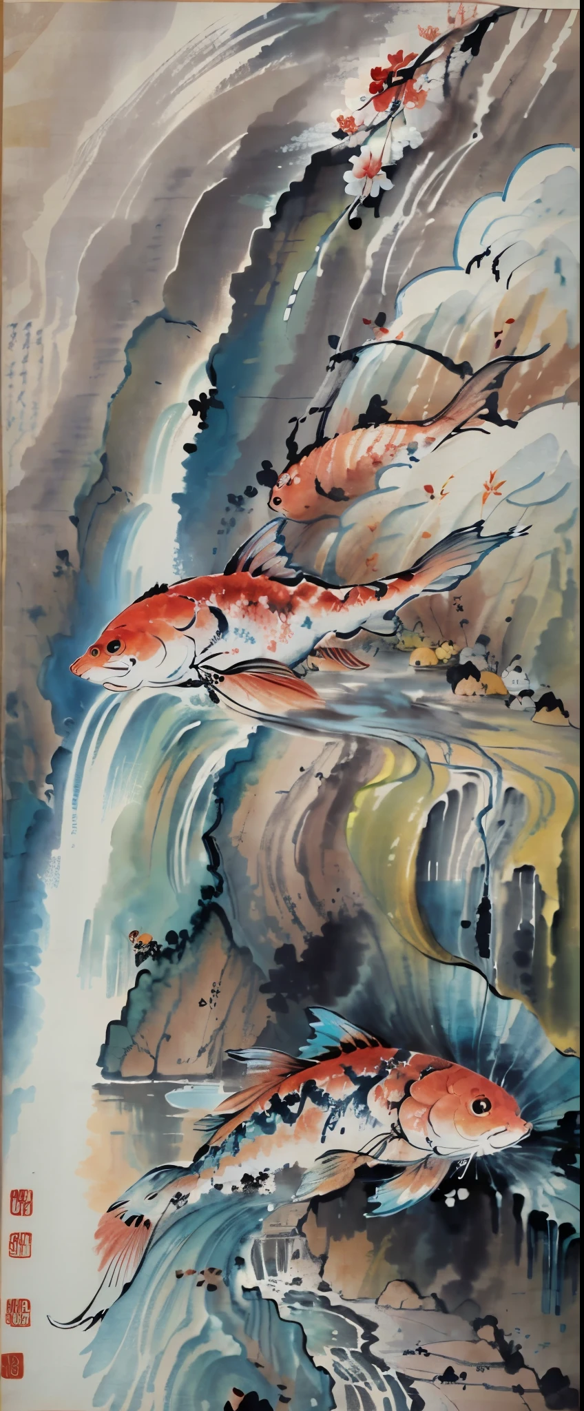 ((4k, masterpiece, highest quality)), 中国の伝統的なink painting, (((魚がWaterfall flowに逆らい泳いでいます:1.9, Whole shot of fish, fish going against the flow of water:1.5))), minimalistic:1.3, (((hanging scroll art))), ink painting, landscape with fish swimming, Waterfall flow, monochrome, 詳細に描かれたink painting, flowing water effect, delicate brush strokes, natural scenery, monochromeアート, ink painting,