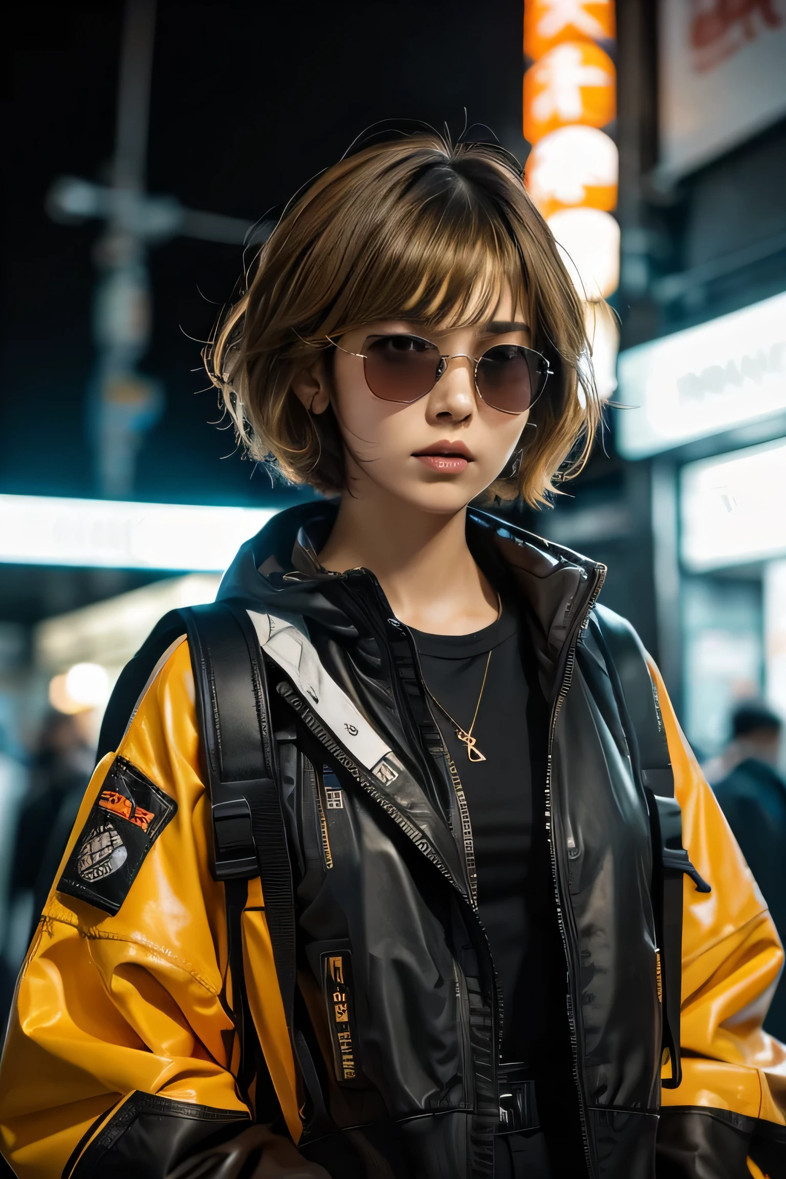 (masterpiece:1.2), Super detailed, ultra high resolution, (realistic, photo realistic:1.37), High-definition RAW color photo, professional photos, highly detailed face, very fine eyes, Very fine skin, very thin fingers, highly detailed nose, highly detailed mouth, perfect anatomy, highly detailed background, (famous japanese actress:1.2), (Improve:1.35), (flat chest), (brown person々, black skin, blonde hair:1.3), (Very short cut hair, curl the inside of the hair), Edgy Girl, dark orange jacket, tech wear, camera, Backpack, white sneakers, dramatic makeup, splicing, sitting outside a convenience store, looking at the street, outdoors, ((at night, dark city)), neon sign, personality, credibility, creative expression, Hong Kong in the 80s,realism, big retro sunglasses,