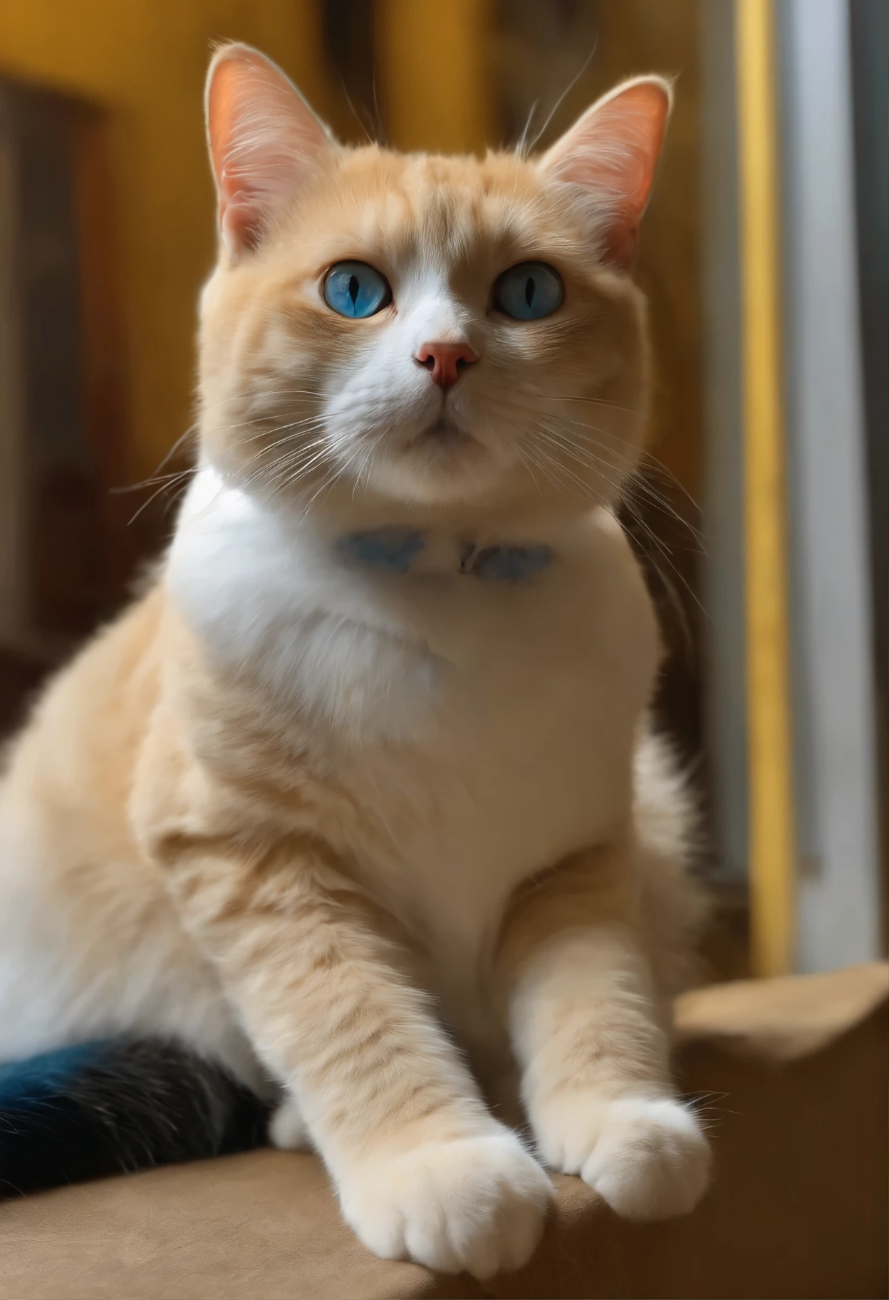 Cat, Adult Cats, yellow, blue eyes, hair is transparent, khd, hyper real, standing on one's own feet, The background is inside the house