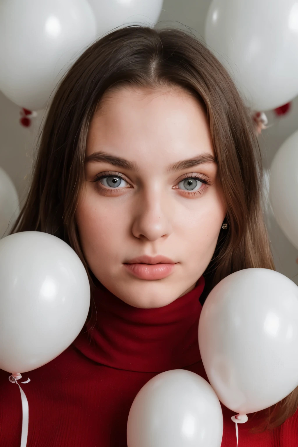 fashion portrait photo of a beautiful young woman from the 60s wearing a red turtleneck, standing in the middle of a ton of white balloons, face close up, face looks straight into the camera, full face, textured leather