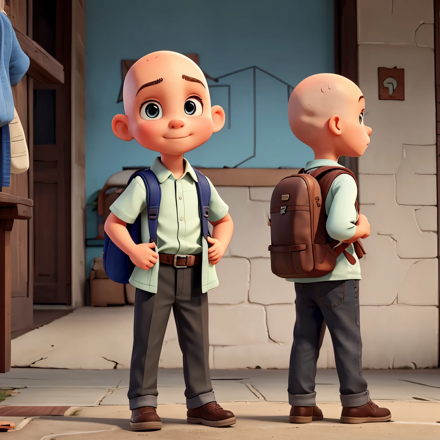 A bald eboy with no hair and a backpack