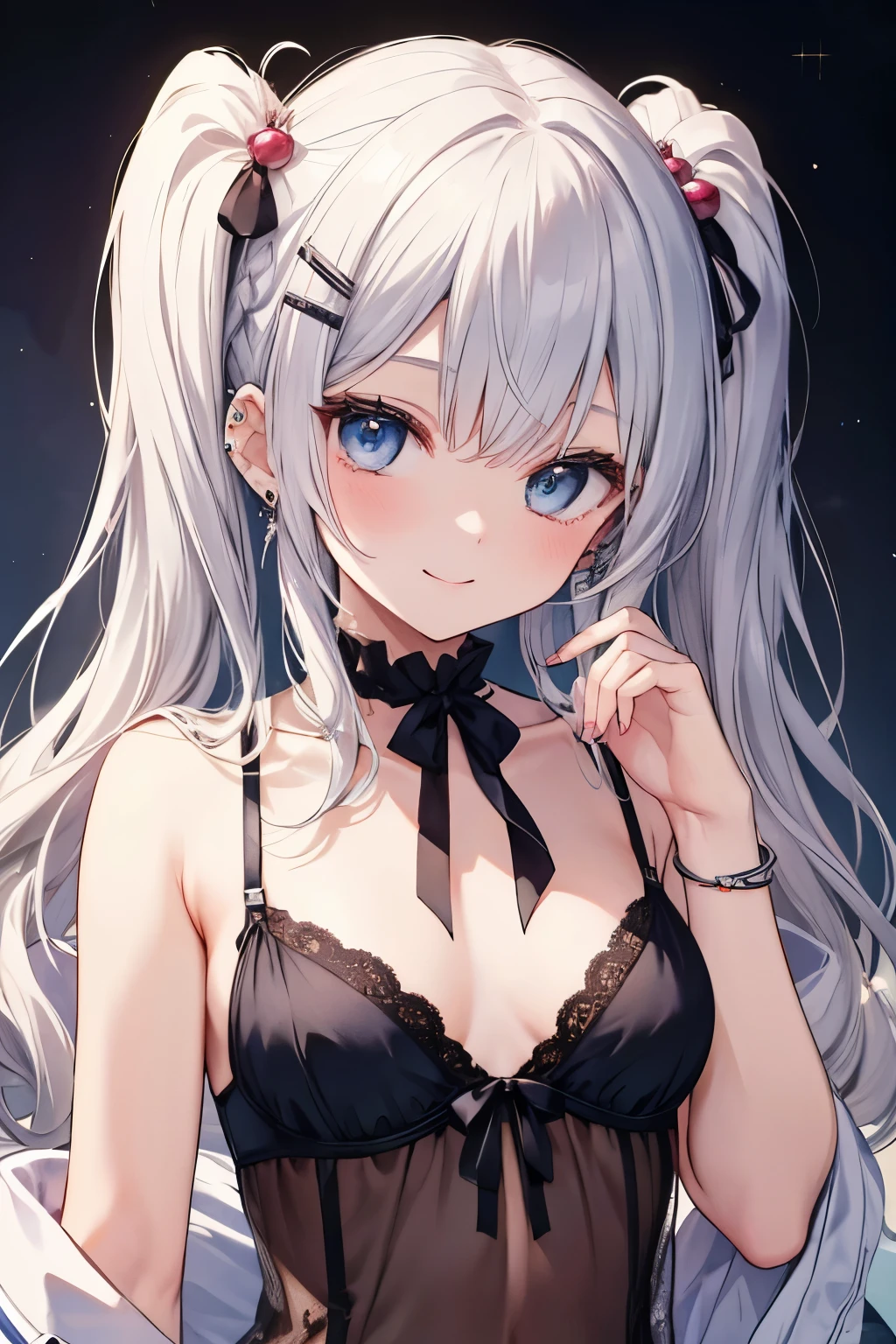 Silver-haired blue eyes、 girl、small breasts、twin tails、Nico Nico Smile、Looks about ************、Petan Musume、lingerie、 girl、accessories、ear piercing、cute hair pin、hair ornaments、Gal-like、look of temptation