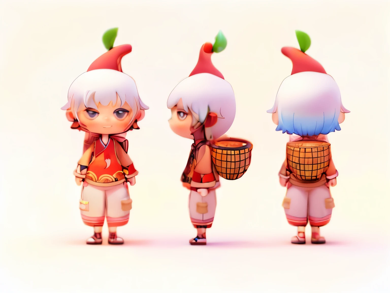 a cute  girl，Wearing a chili hat，Carrying a bamboo basket，Chili peppers in bamboo baskets，National style dress，There is a chili pepper on the clothes，Blind box style，disney style，8K