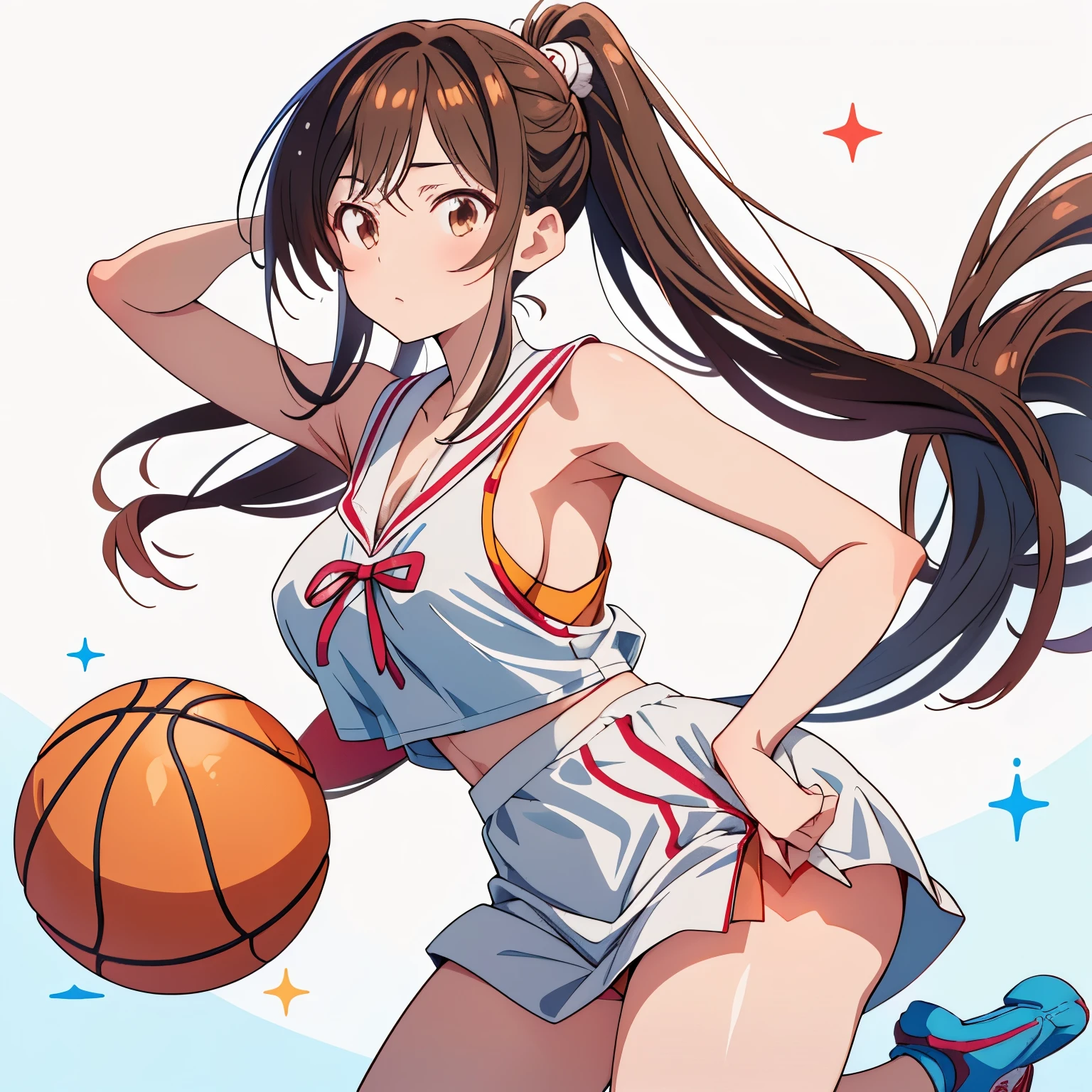 Estilo anime, 1 chica, pose sexy, muslos gruesos, tetas, nalgas, white background, chizuru mizuhara, (((Uniformes de baloncesto))), (((mojado con sudor))),Se puede ver un sujetador desde el costado del uniforme, pelo de caballo