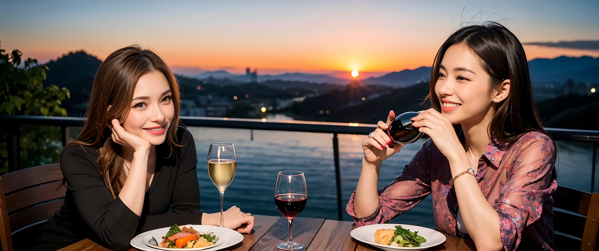 (including 64k, nffsw, highest quality, table top: 1.2), (realistic, photorealistic: 1.37), Spectacular view of the sunset sky and clouds、Amazing mountain views、long sleeve shirt、winter fashion、Columbia、Brazilian、Japanese、Dutch、German、Portuguese、Belgian、Italian、French,Champagne、sparkling wine、 (slimフェイス), (slimボティ), (brown hair), (shortcut), neat beauty、cheeks turn a little red, (42 years old), 40 years old, alone, 窓の外には美しく緻密なnight景が広がります., restaurant, wine glassが座っている, nightに, in a prominent place (from the Upper body) nova frog style, actress, model, Upper body, White wine, slim, wine glass, Super Clean night View, wine glass Put in the Middle, Happy smile, (smile: 1.15), beautiful and detailed eyes, Upper body, bust japan up, night, short, short, actress, model, Upper body, White wine, slim, wine glass, Super Clean night View, wine glass Put in the Middle, Happy smile,