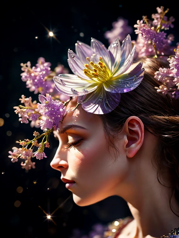 branch of delicate lilac flowers, super transparent, holy light, beautiful spectral light, petals glow, flashing, dark background, drops of transparent light, reflective light, bright, light streaming in, optics, portrait profile, sharp focus, magical, intricate, ultra realistic, fantasy, composition, light, trend on artstation, pearl, patronus cloud of silvery vapor, corrosive enveloping ray family, 8k, ureal ar 23v4 uplight