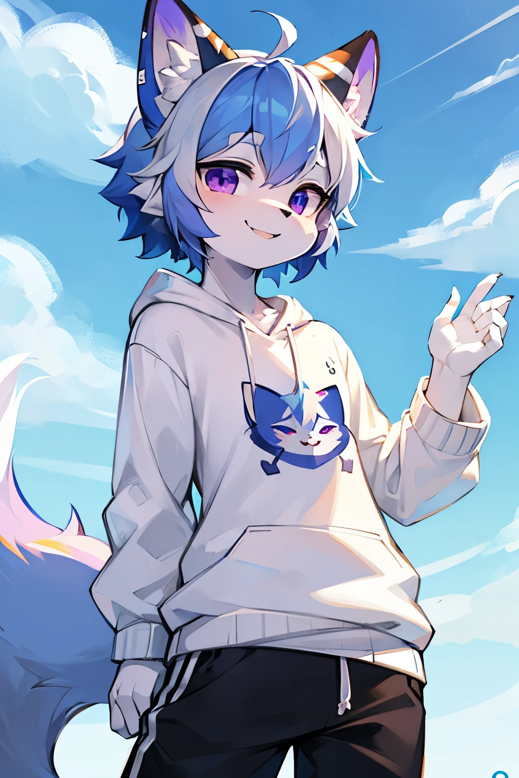 fox，hairy，furry，bust avatar，Colorful Patterned White Sweatshirt，Black casual pants with white stripes，Q version，cute，Simple art style，Cartoon style，purple eyes，Cheerful，happy，Ears with blue hair and ear tips with white hair，blue hair on back，Tail blue with white tip，Blue sky and white clouds，sunny