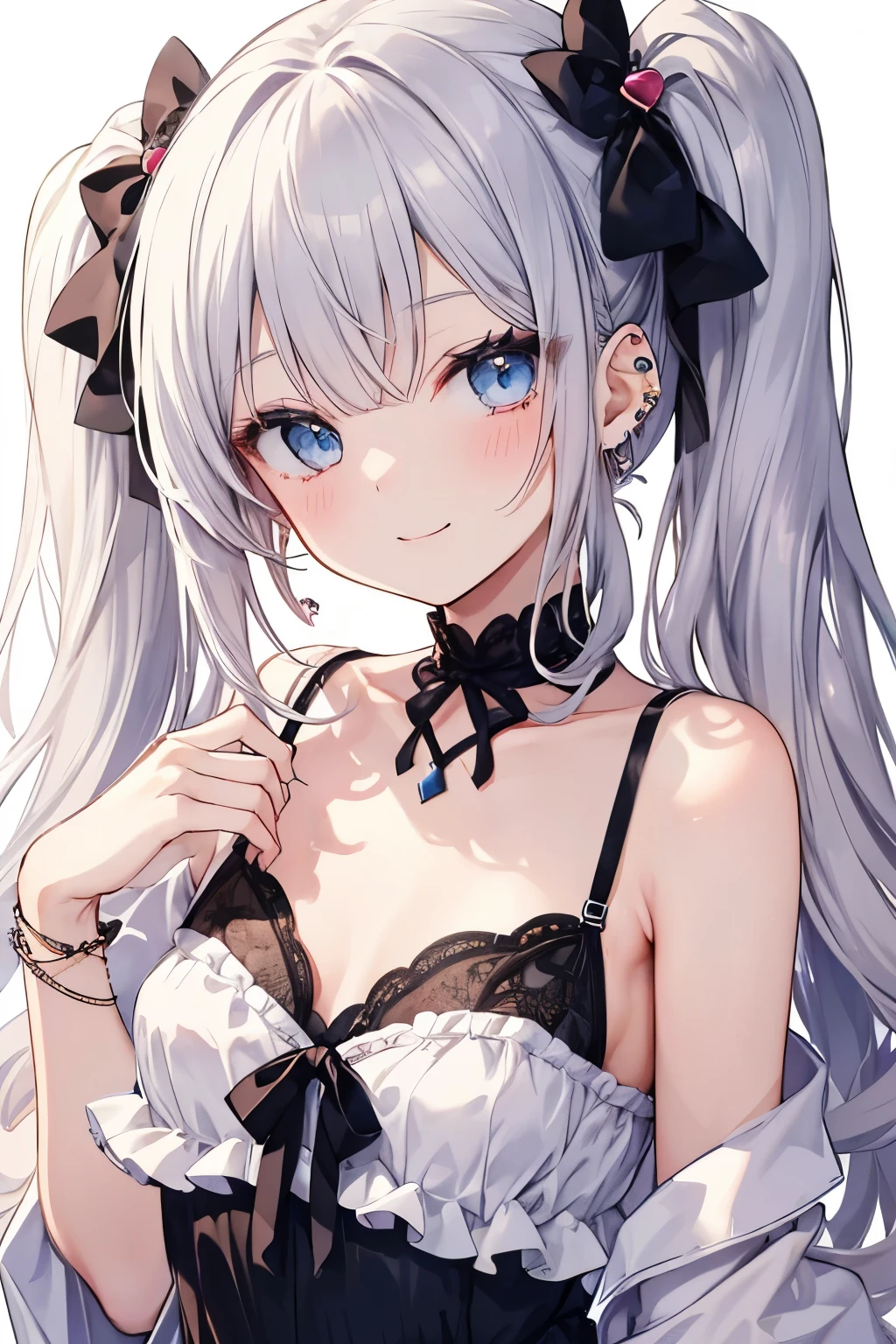 Silver-haired blue eyes、 girl、small breasts、twin tails、Nico Nico Smile、Looks about 15 years old、Petan Musume、lingerie、 girl、accessories、ear piercing、cute hair pin、hair ornaments、Gal-like、look of temptation