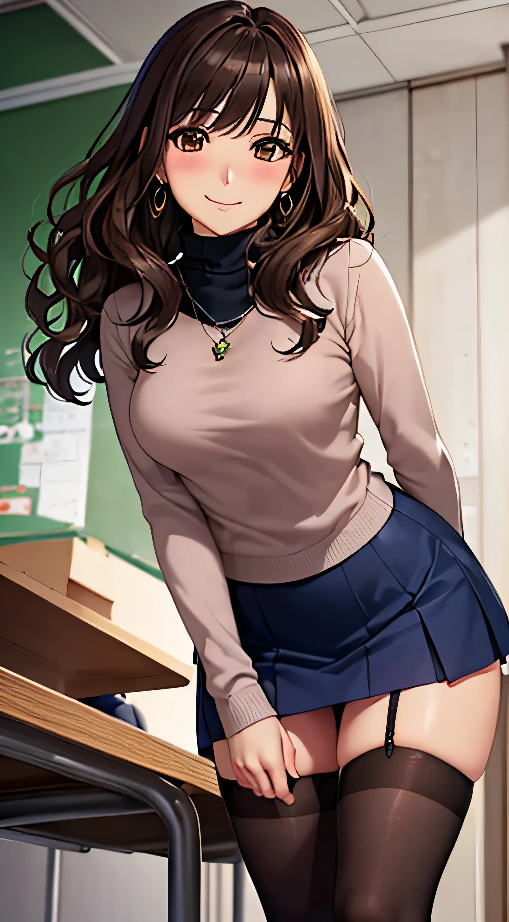 (table top, highest quality, High resolution, , perfect pixel, 4k,), 1 girl, single, alone, Beautiful woman、I could see the whole body、 ((wavy middle hair, bangs, brown hair)), ((brown eyes, beautiful eyelashes, realistic eyes)), ((detailed face, blush:1.2)), ((smooth texture:0.75, realistic texture:0.65, realistic:1.1, Anime CG style)), medium breasts, dynamic angle, perfect body, ((, female teacher, , earrings、necklace、turtleneck sweater、Dark blue flared skirt、black knee high stockings、、、shy smile)), upper grade、、、evening、classroom、look back、stick out your butt、leaning forward、(、pink lace panties、angle from below)、