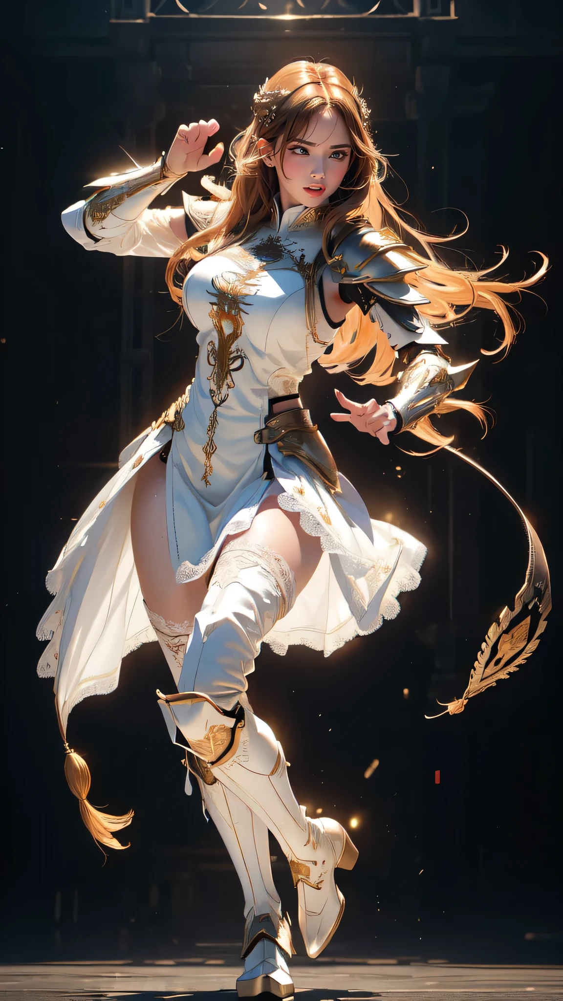 (random fighting pose:1.5),(movie-like scene,fantasy art,best image quality,(8k),Super realistic,最high quality,high quality,High resolution,high qualityな質感,high detail,beautiful,Detailed,Highly detailed CG,detailed texture,realistic facial expression,masterpiece,before,dynamic,bold),1 girl,highly detailed skin,curve,,beautiful胸,big breasts,white skin,pointed chest,erect nipples,(thin hair),(soft hair),(ultra straight hair),long flowing bangs,very light coppery amber hair,hair above one eye,(leather boots,(asymmetrical mechanical armor),(long white lace dress with embroidery,See through:1.2))