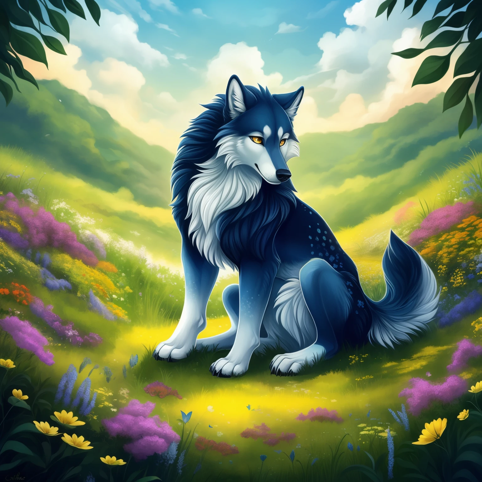 Draw a wolf sitting nobly atop a verdant hill, its strong hind legs anchoring it to the earth. A lush carpet of green grass unfurls beneath its paws, dotted with vibrant wildflowers of various hues. The sky above is a tranquil expanse of blue, speckled with translucent white clouds, adding to the serene ambiance of the scene. The wolf's piercing golden eyes gaze into the distance, lost in thought or contemplation, its majestic form silhouetted against the backdrop of the heavens. A gentle breeze rustles through the leaves and flowers, adding a sense of peace and harmony to the image. Maximum quality, ethere