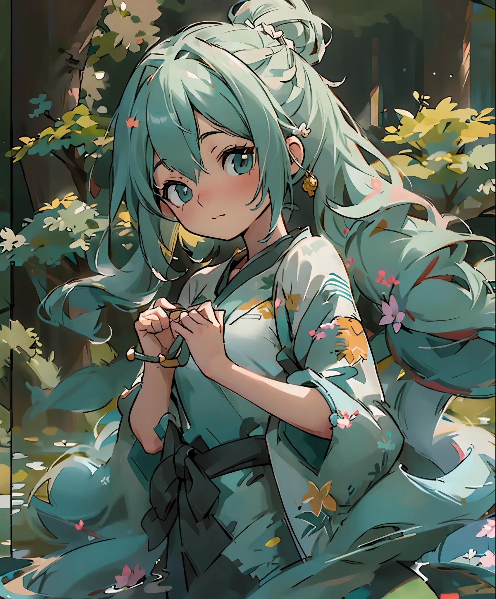 (masterpiece、highest quality、highest quality、official art、beautiful beautiful:1.2)、(1 girl:1.3)Hatsune Miku、(sharp、high dynamic range、highest quality、8k)、Large spill out of the upper body、hair:金hair、bun hair、Braid、clothing:Topless figure、swimsuit、place:waterside、river、action:join hands with、