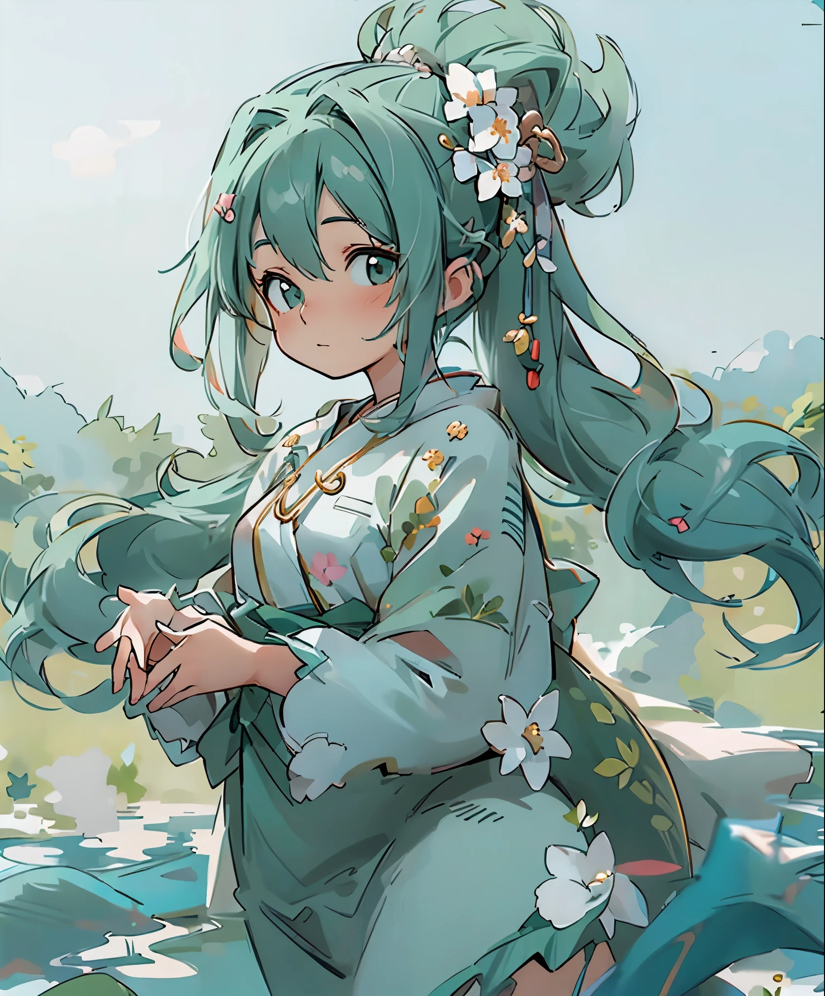 (masterpiece、highest quality、highest quality、official art、beautiful beautiful:1.2)、(1 girl:1.3)Hatsune Miku、（sharp、high dynamic range、highest quality、8ｋ）、Large spill out of the upper body、hair：金hair、bun hair、Braid、clothing：Topless figure、swimsuit、place：waterside、river、action：join hands with、